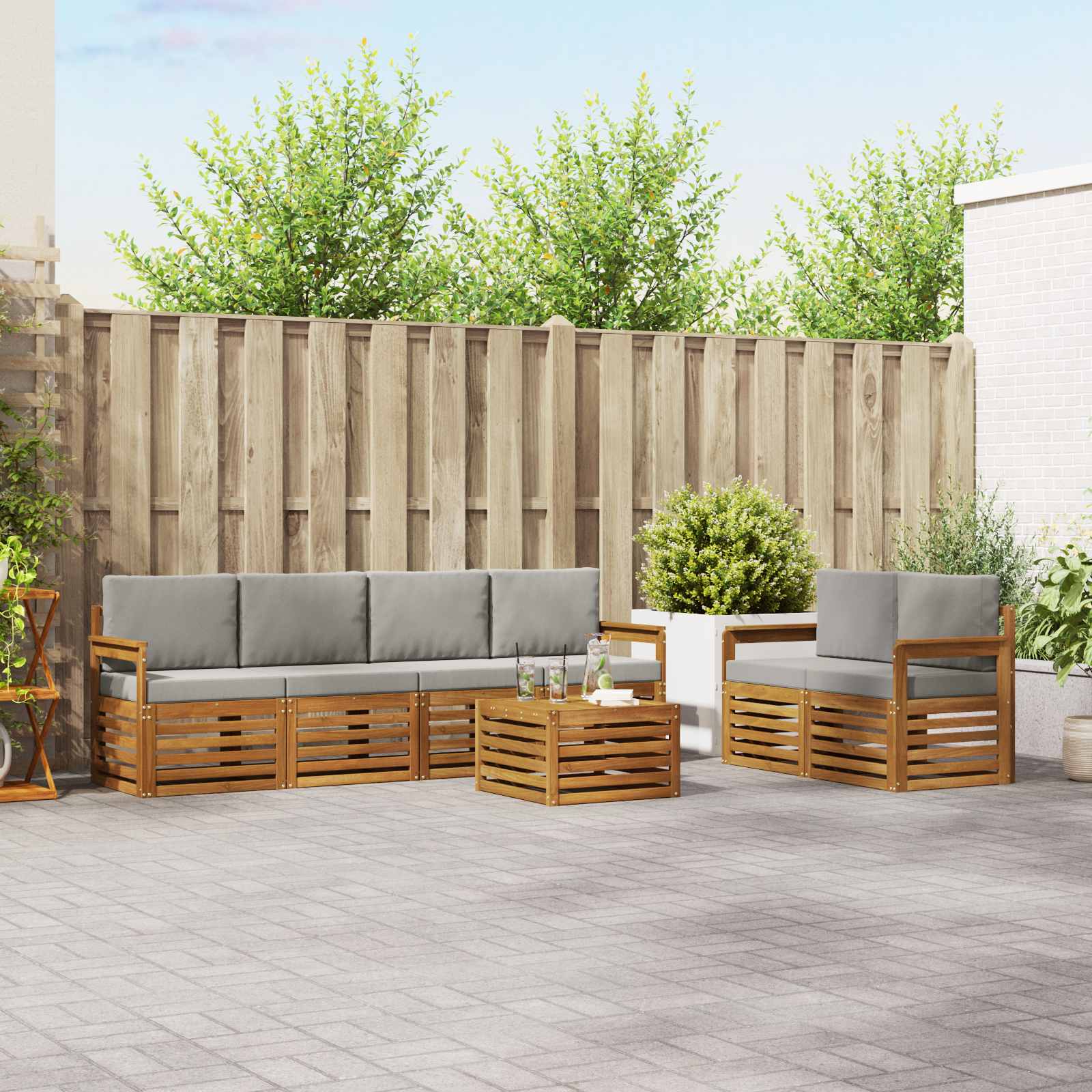 Sofa-Sets 7 pcs Natuurlijk en Lichtgrijs Massief Acaciahout image 1