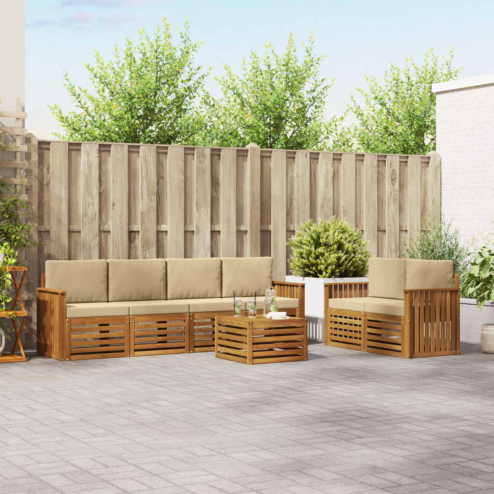 vidaXL Udendørs sofagruppe 7 stk. Naturlig og Beige Massivt Akacietræ