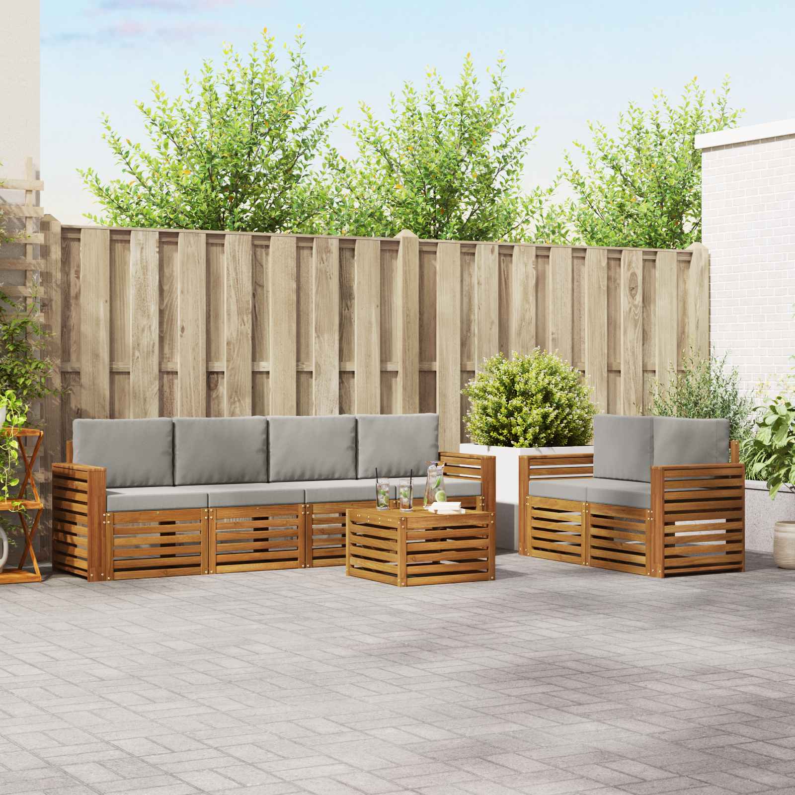 Sofa-Sets 7 pcs Natuurlijk en Lichtgrijs Massief Acaciahout image 1