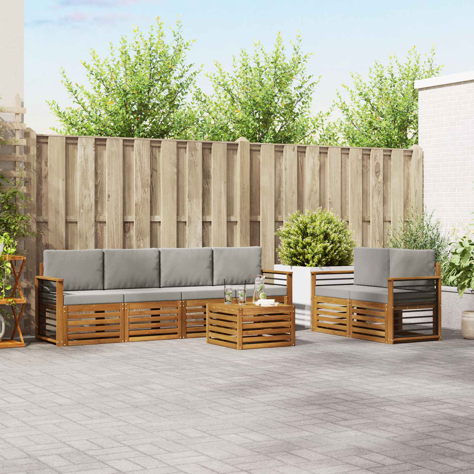 Sofa-Sets 7 pcs Natuurlijk en Lichtgrijs Massief Acaciahout image 1