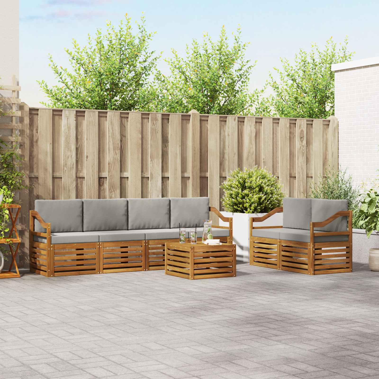 Sofa-Sets 7 pcs Natuurlijk en Lichtgrijs Massief Acaciahout image 1