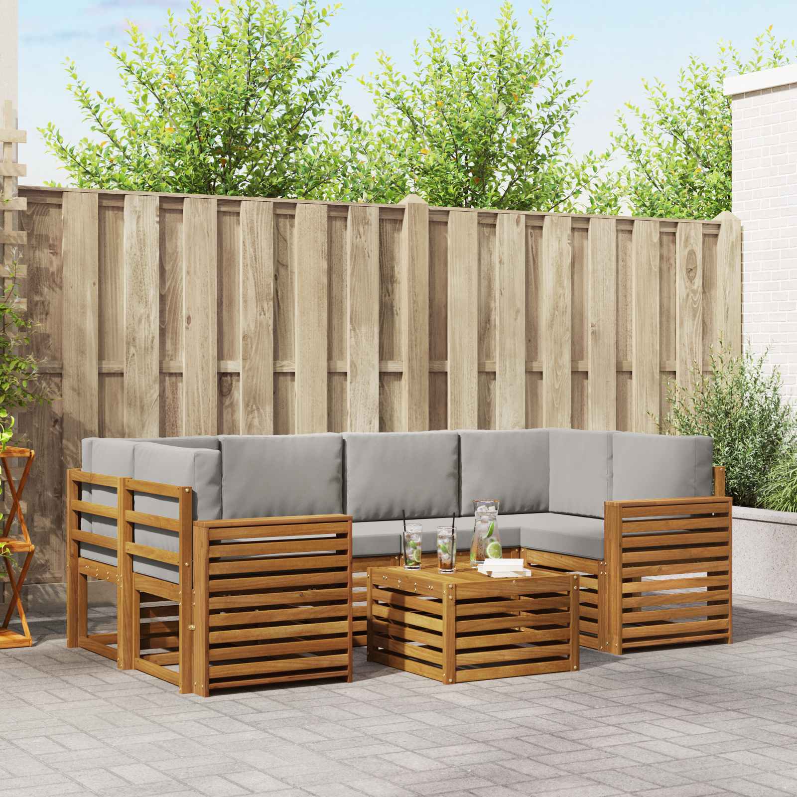 Sofa-Sets 7 pcs Natuurlijk en Lichtgrijs Massief Acaciahout image 1