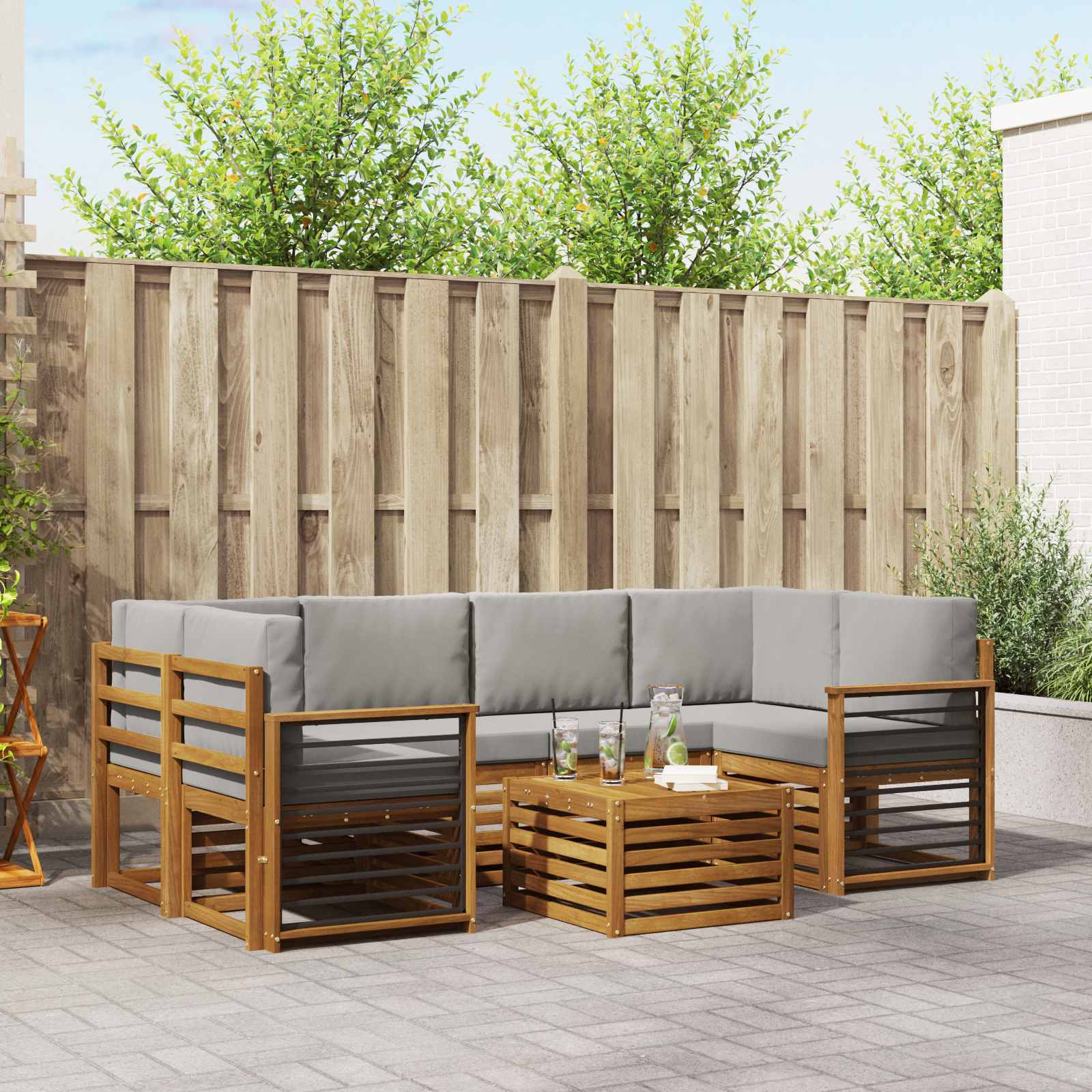 Sofa-Sets 7 pcs Natuurlijk en Lichtgrijs Massief Acaciahout image 1