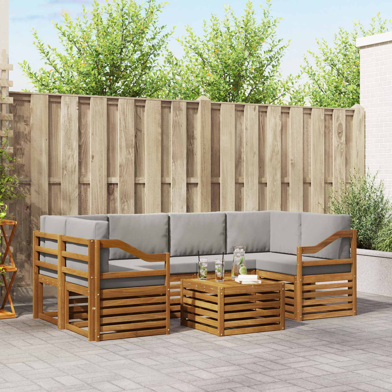 Sofa-Sets 7 pcs Natuurlijk en Lichtgrijs Massief Acaciahout image 1