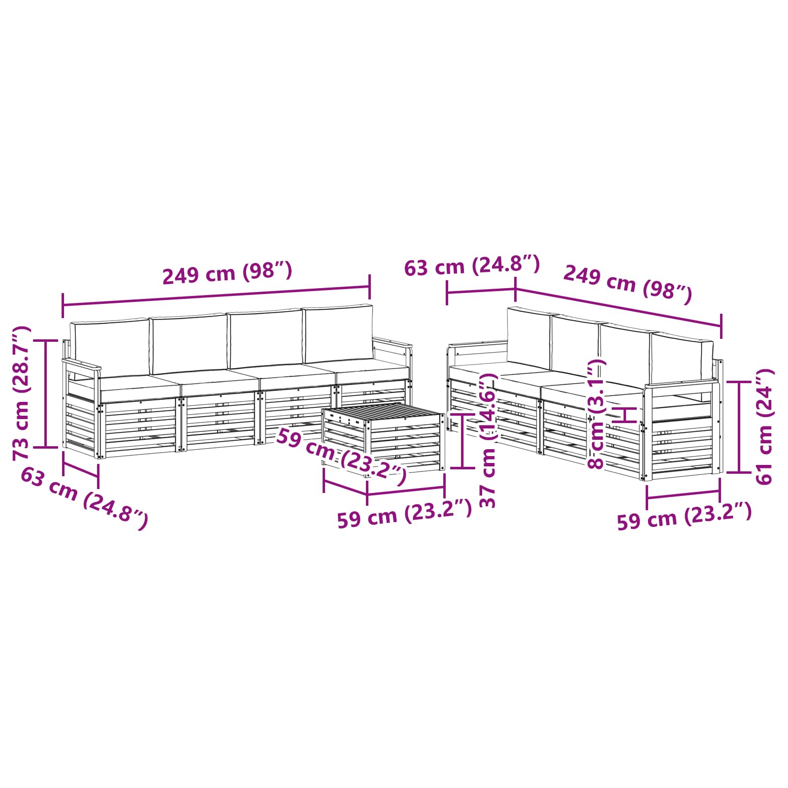 Sofa-Sets 9 pcs Natuurlijk en Lichtgrijs Massief Acaciahout - Afbeelding 8