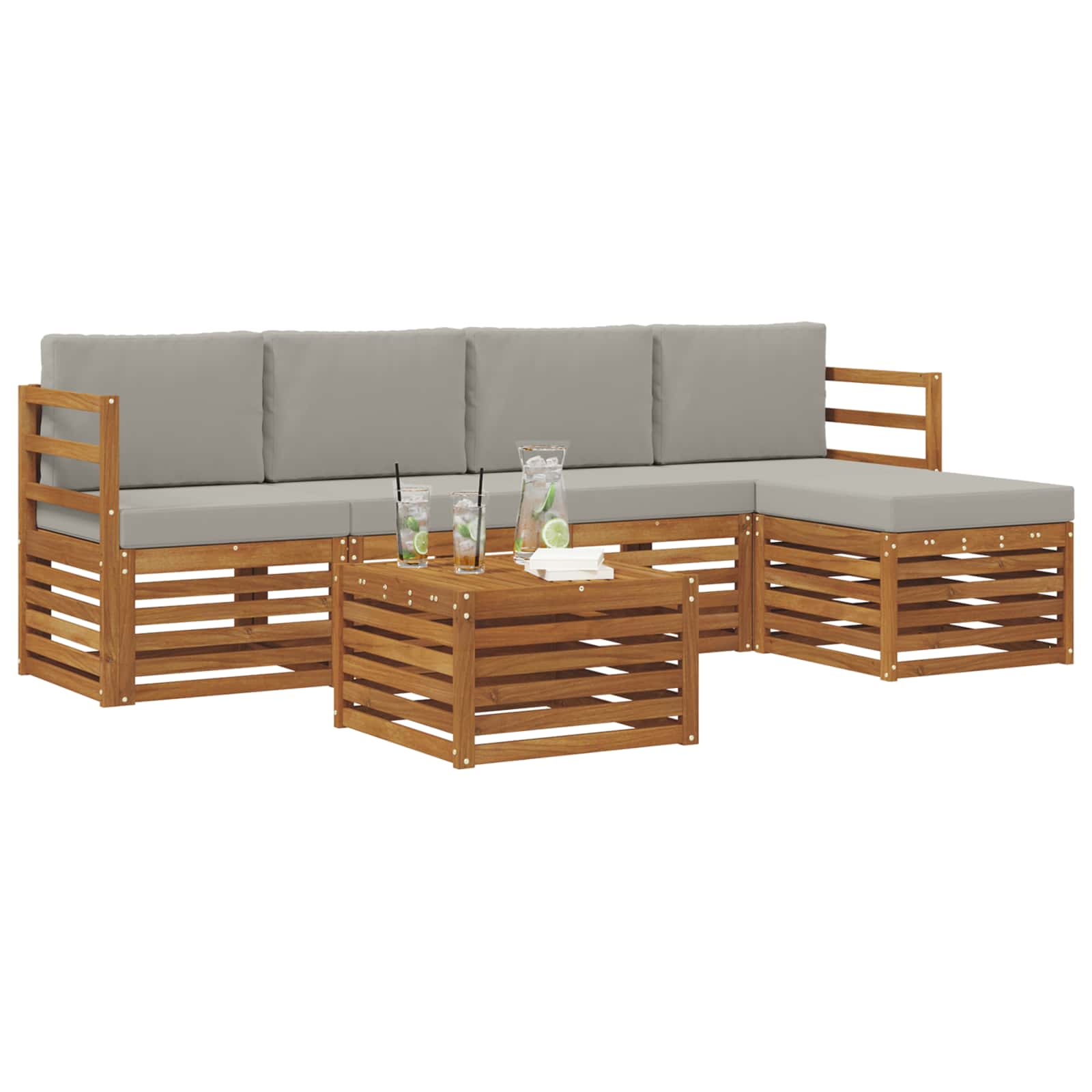 Sofa-Sets 6 pcs Natuurlijk en Lichtgrijs Massief Acaciahout - Afbeelding 3