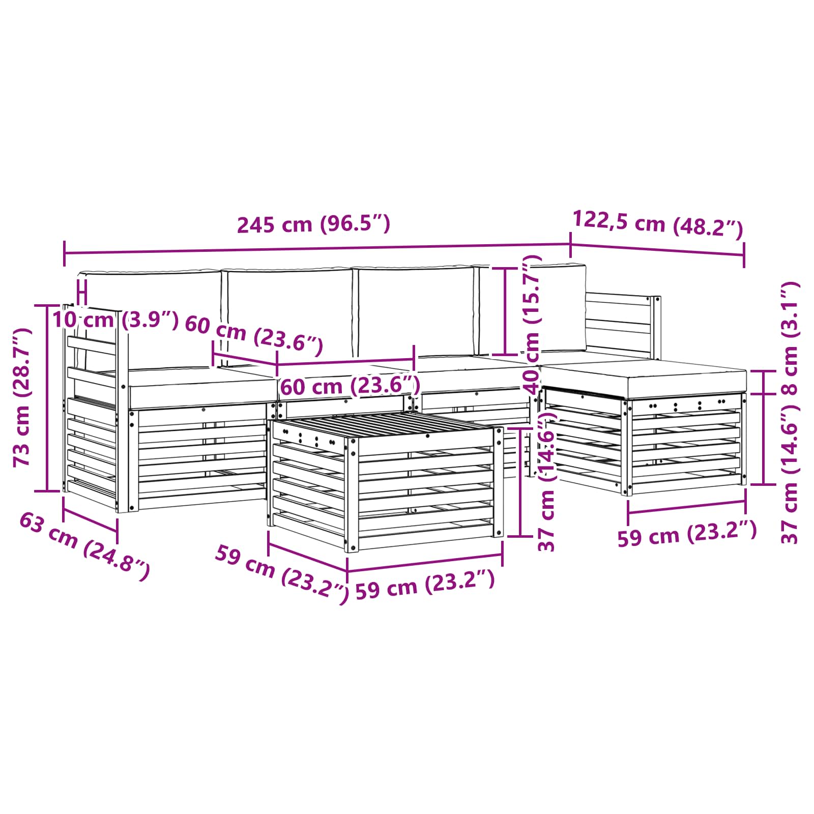 Sofa-Sets 6 pcs Natuurlijk en Lichtgrijs Massief Acaciahout - Afbeelding 8
