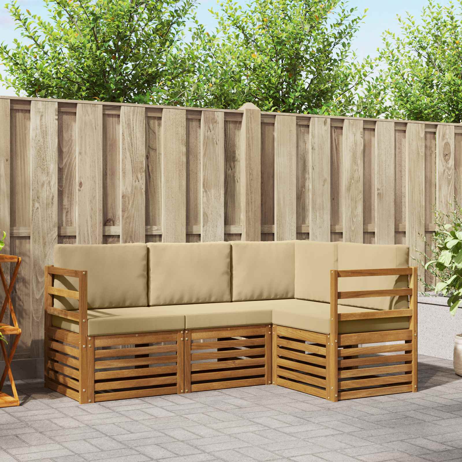 Sofasæt til terrasse med puder - 4 dele, naturlig/beige, massivt akacietræ