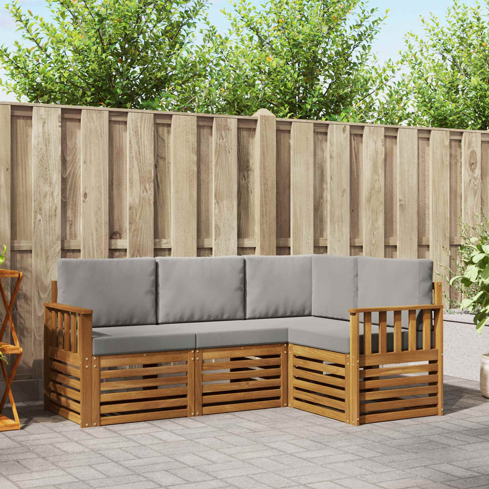 Sofasæt til terrasse med puder - naturlig/lysegrå i massivt akacietræ, 4 dele