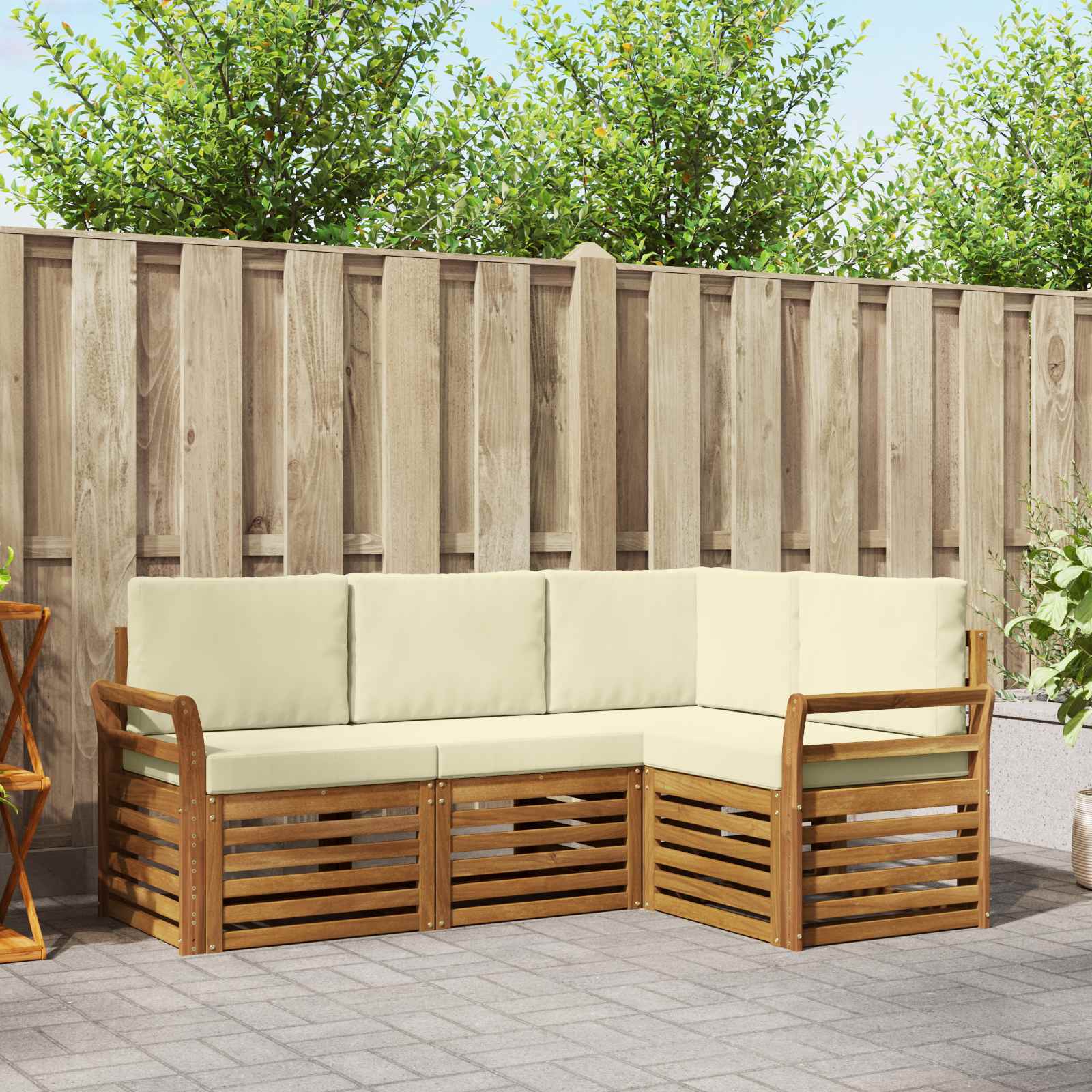Sofasæt til terrasse - 4 dele i massivt akacietræ, naturlig/creme