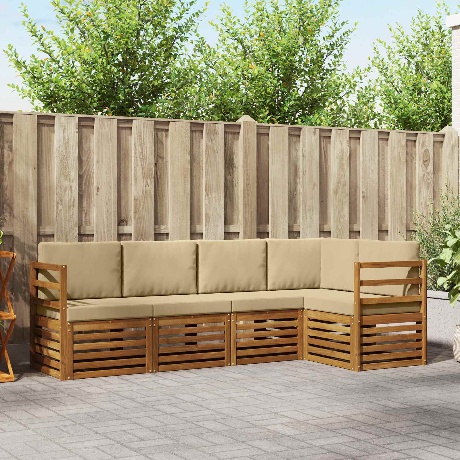 Sektionalsofa sæt - 5 dele i massivt akacietræ, naturlig/beige