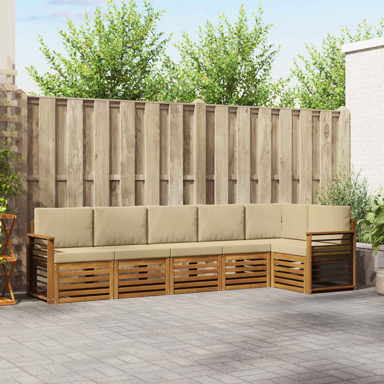 Sektionalsofa sæt - 6 dele i naturlig akacietræ med beige puder