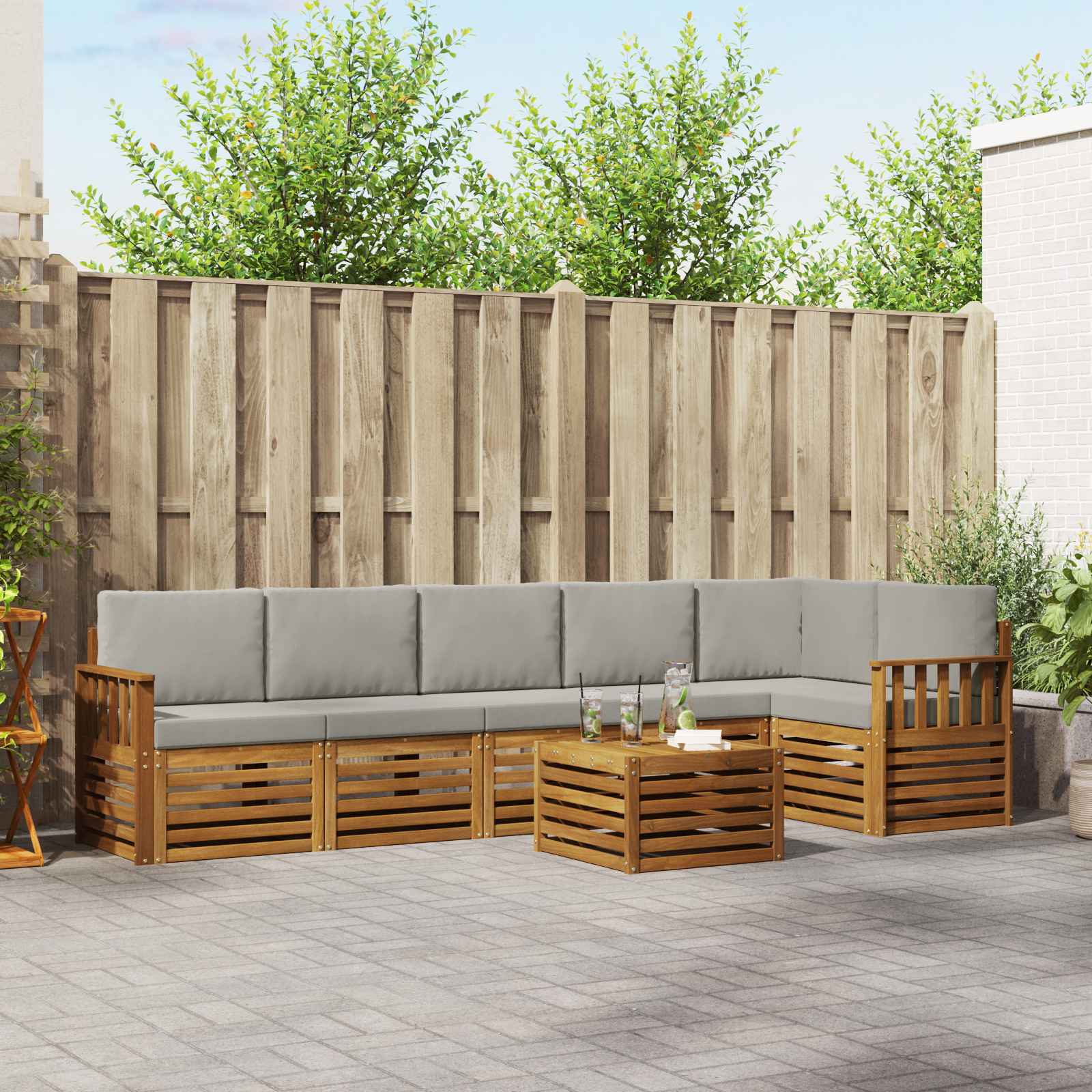 Sofa-Sets 7 pcs Natuurlijk en Lichtgrijs Massief Acaciahout