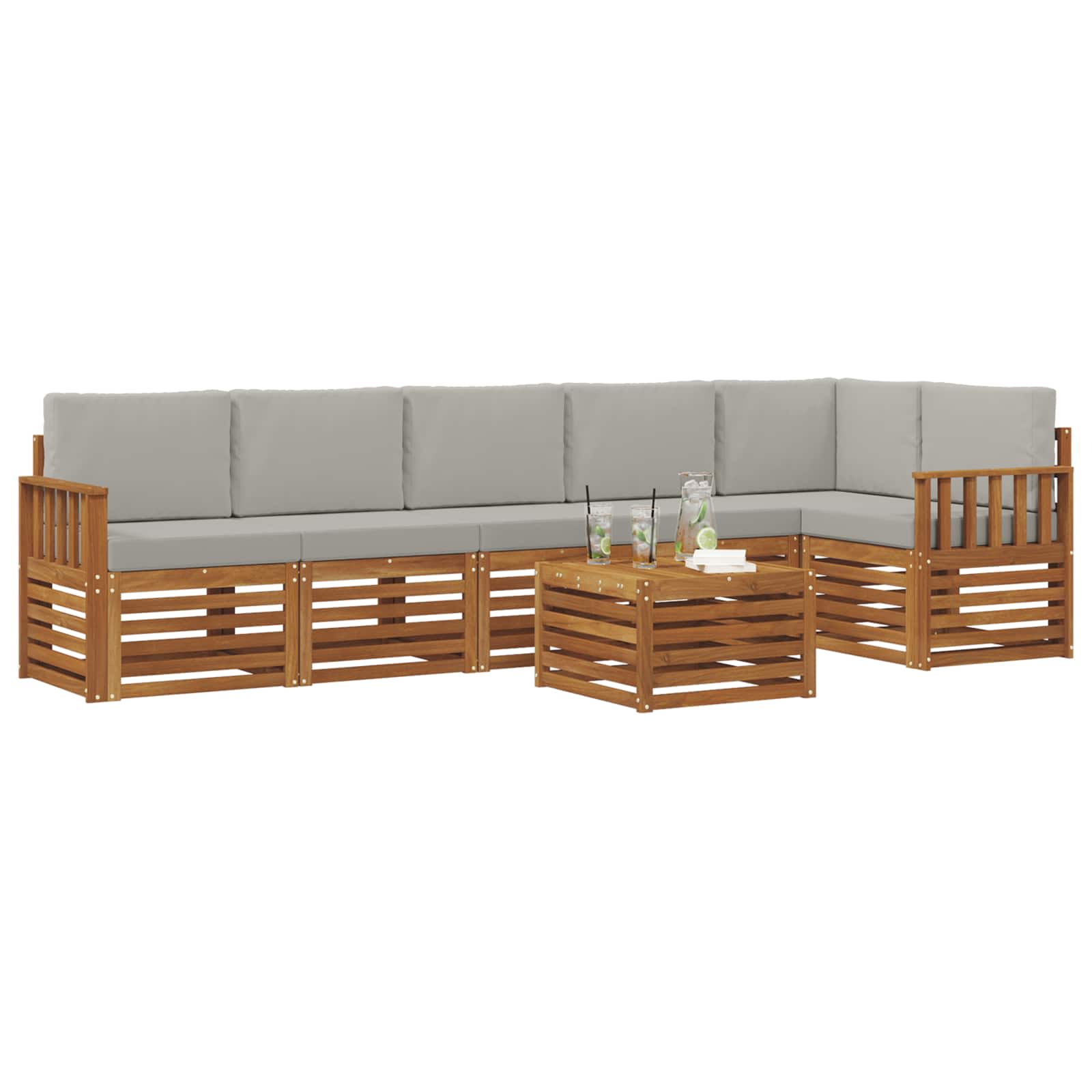 Sofa-Sets 7 pcs Natuurlijk en Lichtgrijs Massief Acaciahout - Afbeelding 3