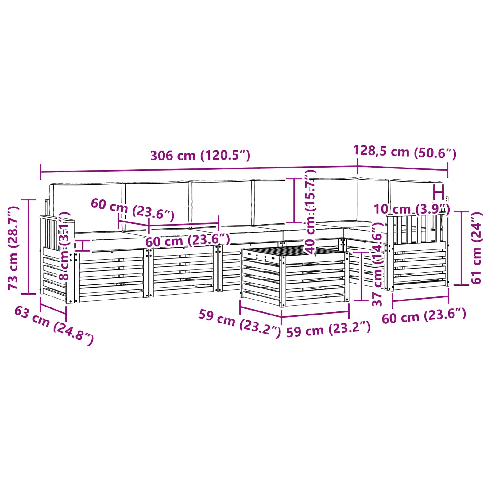 Sofa-Sets 7 pcs Natuurlijk en Lichtgrijs Massief Acaciahout - Afbeelding 9