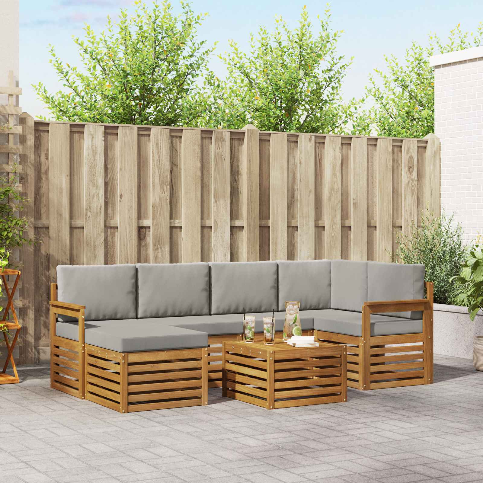 Sofa-Sets 7 pcs Natuurlijk en Lichtgrijs Massief Acaciahout image 1