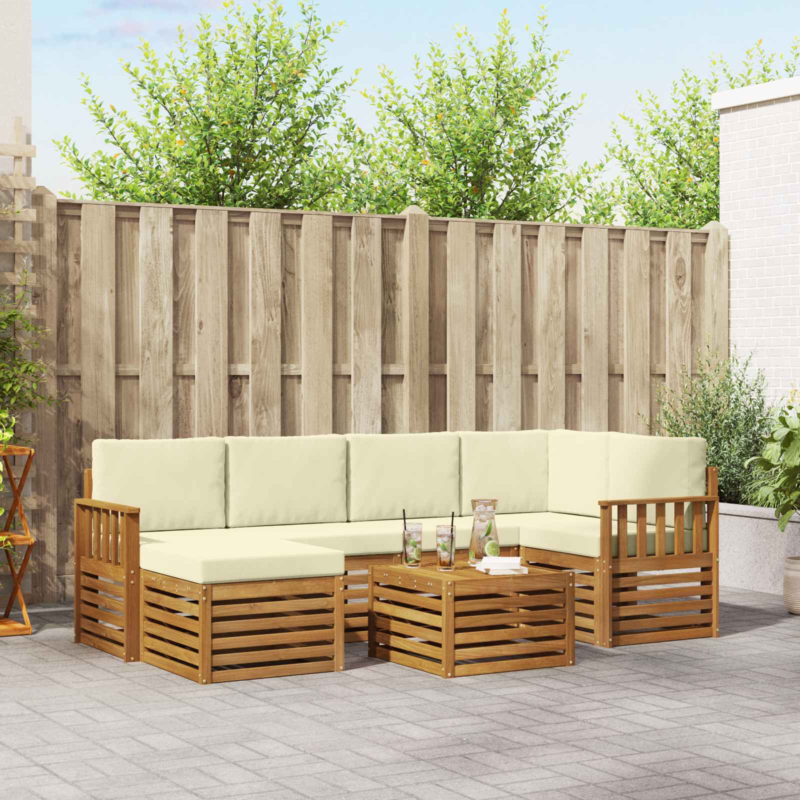 Sektionalsofa sæt til terrasse - 7 dele i massivt akacietræ, naturlig/fløde