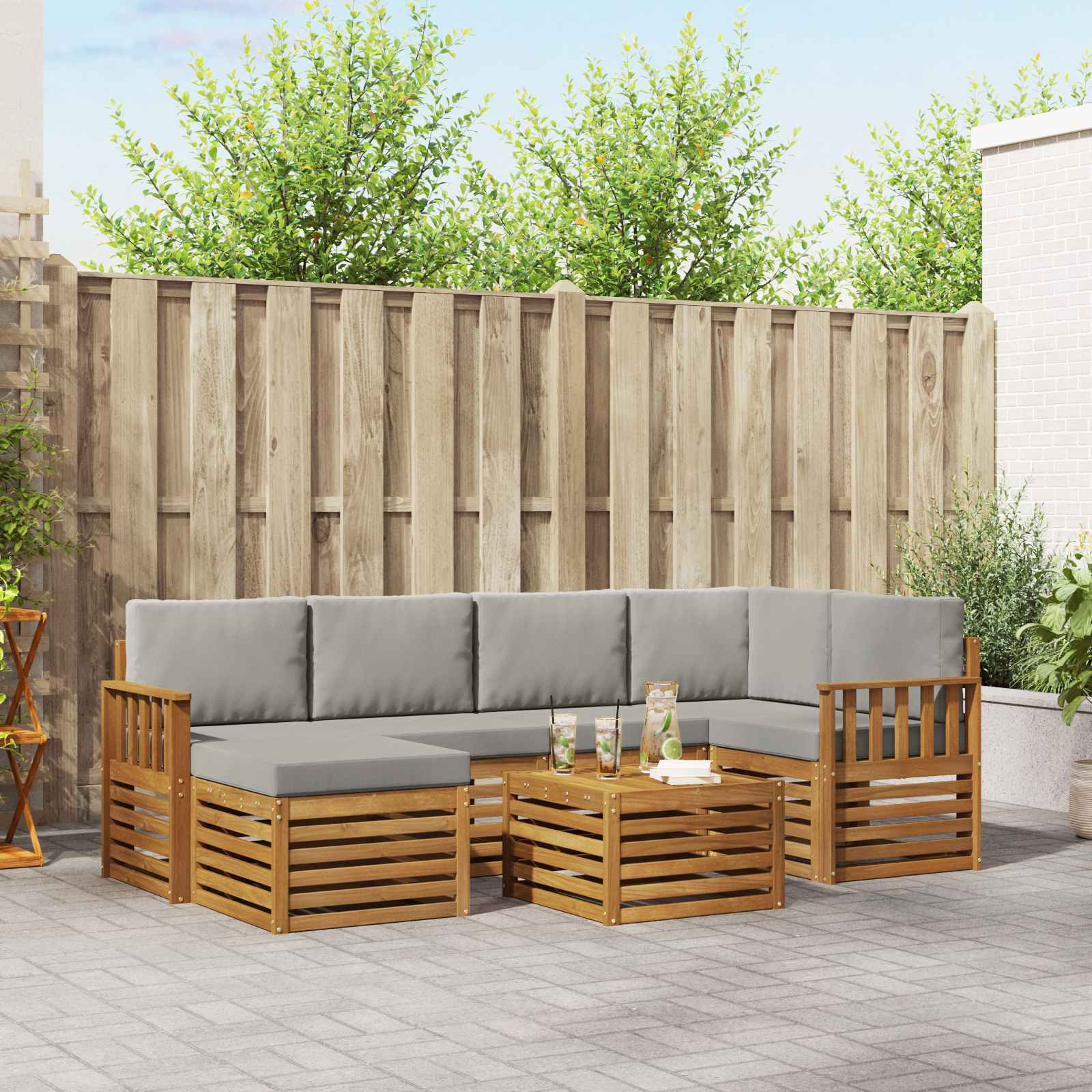 Sektionalsofa sæt til terrasse, 7 dele - naturlig/lys grå i massivt akacietræ