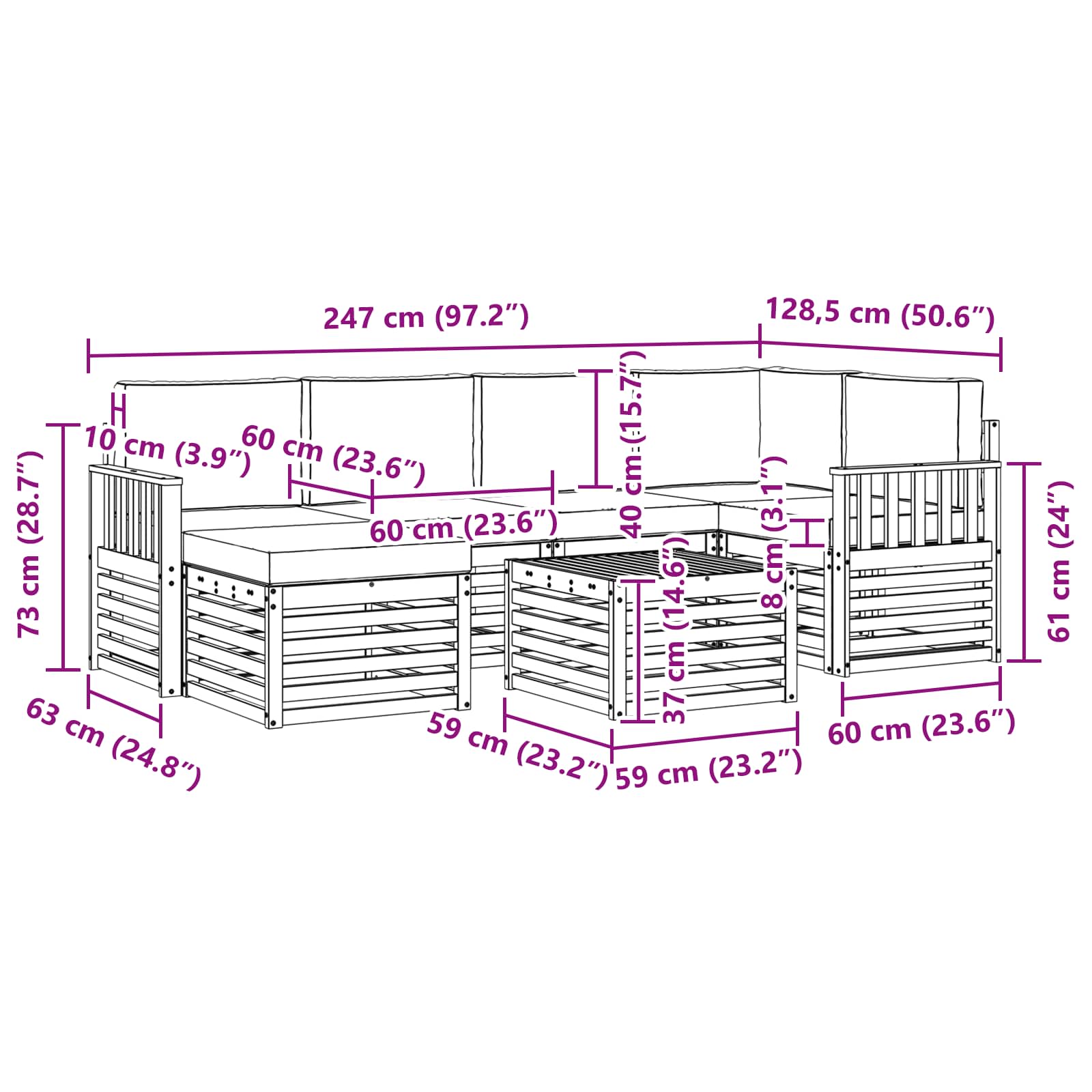 Sofa-Sets 7 pcs Natuurlijk en Lichtgrijs Massief Acaciahout image 9