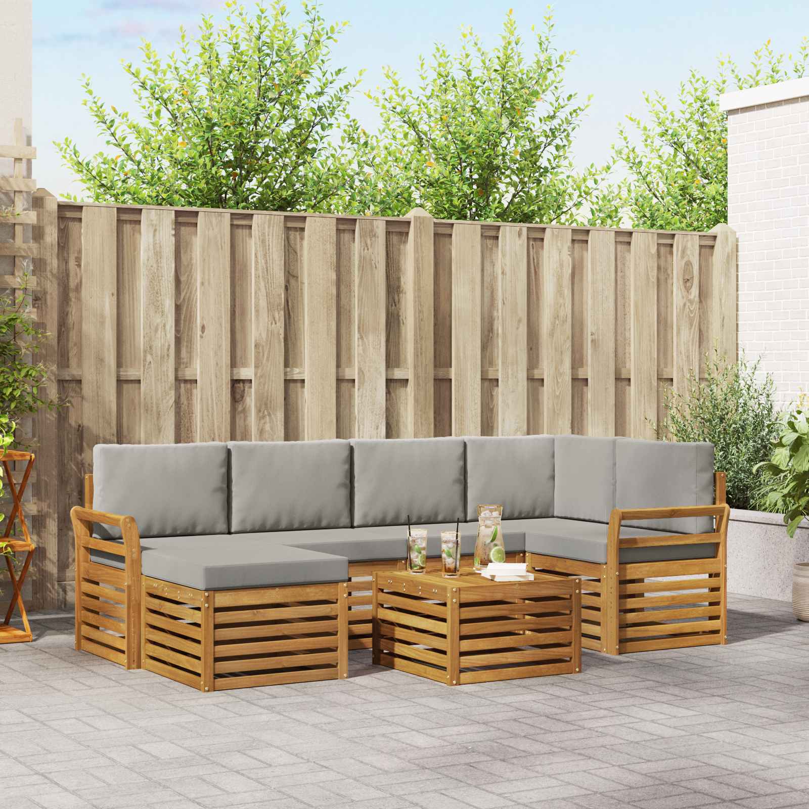 Sofa-Sets 7 pcs Natuurlijk en Lichtgrijs Massief Acaciahout image 1