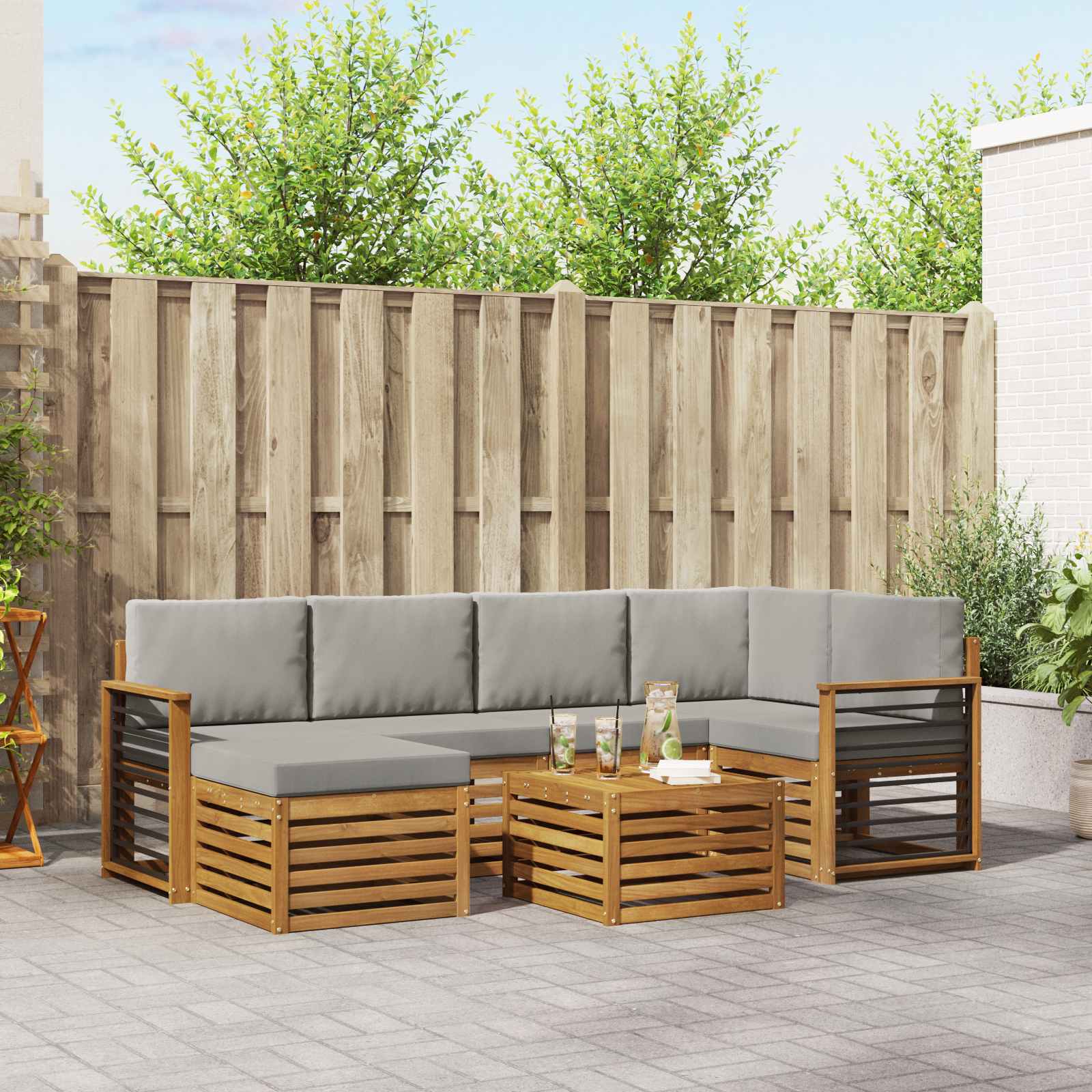 Sofa-Sets 7 pcs Natuurlijk en Lichtgrijs Massief Acaciahout image 1