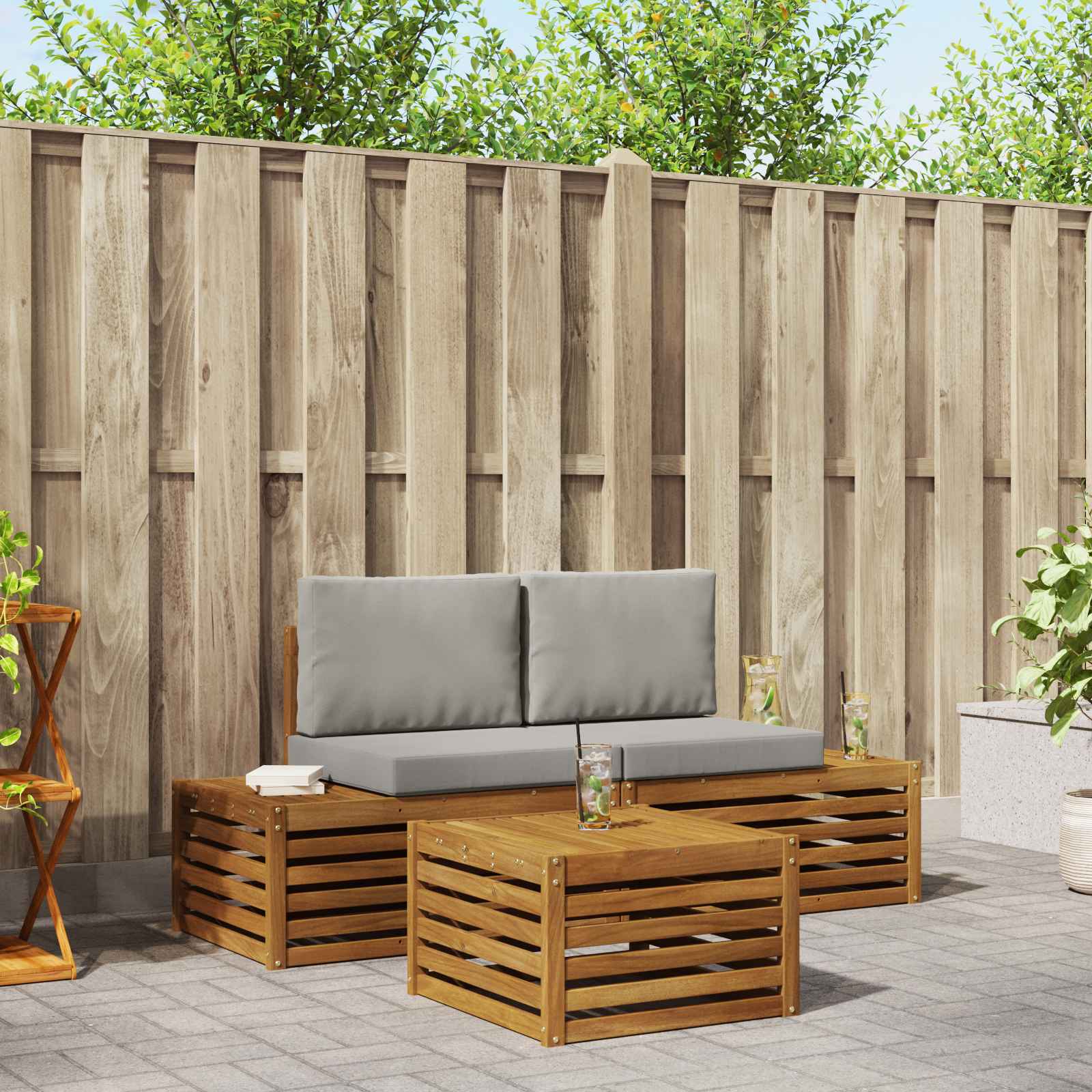 vidaXL Outdoor-Sofagarnitur mit Kissen 3 Stück Natürlich und Hellgrau