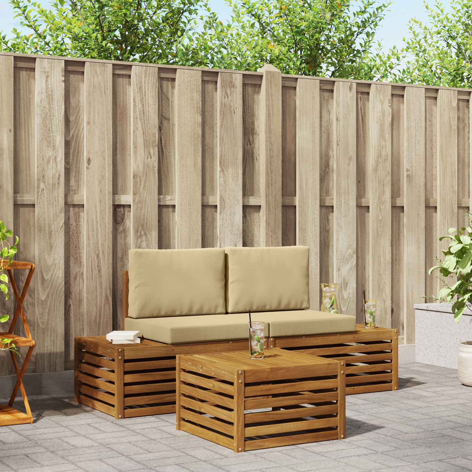 vidaXL Outdoor-Sofagarnitur mit Kissen 3 Stück Natur und Beige