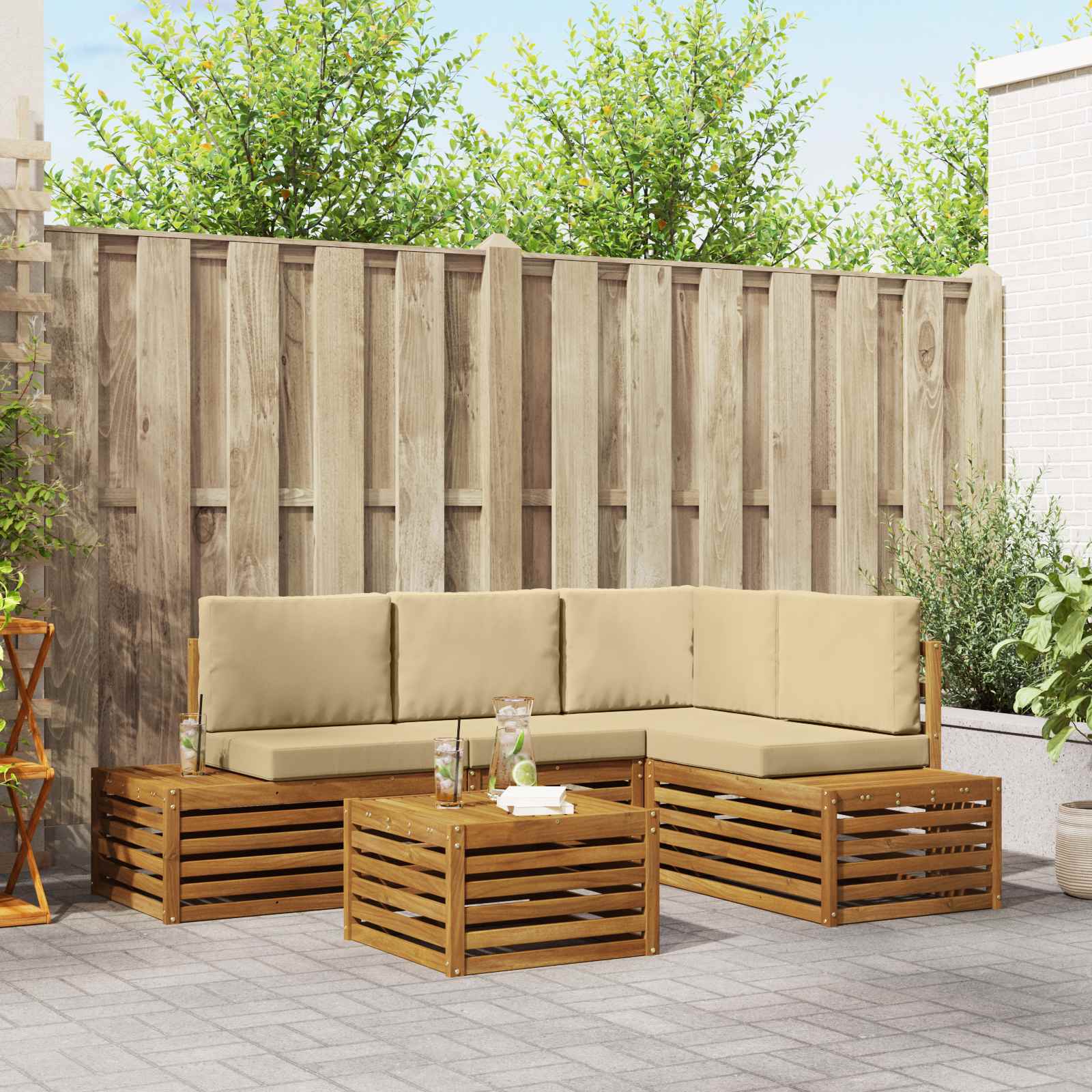 vidaXL Outdoor-Sofagarnitur mit Kissen 5 Stück Natur und Beige