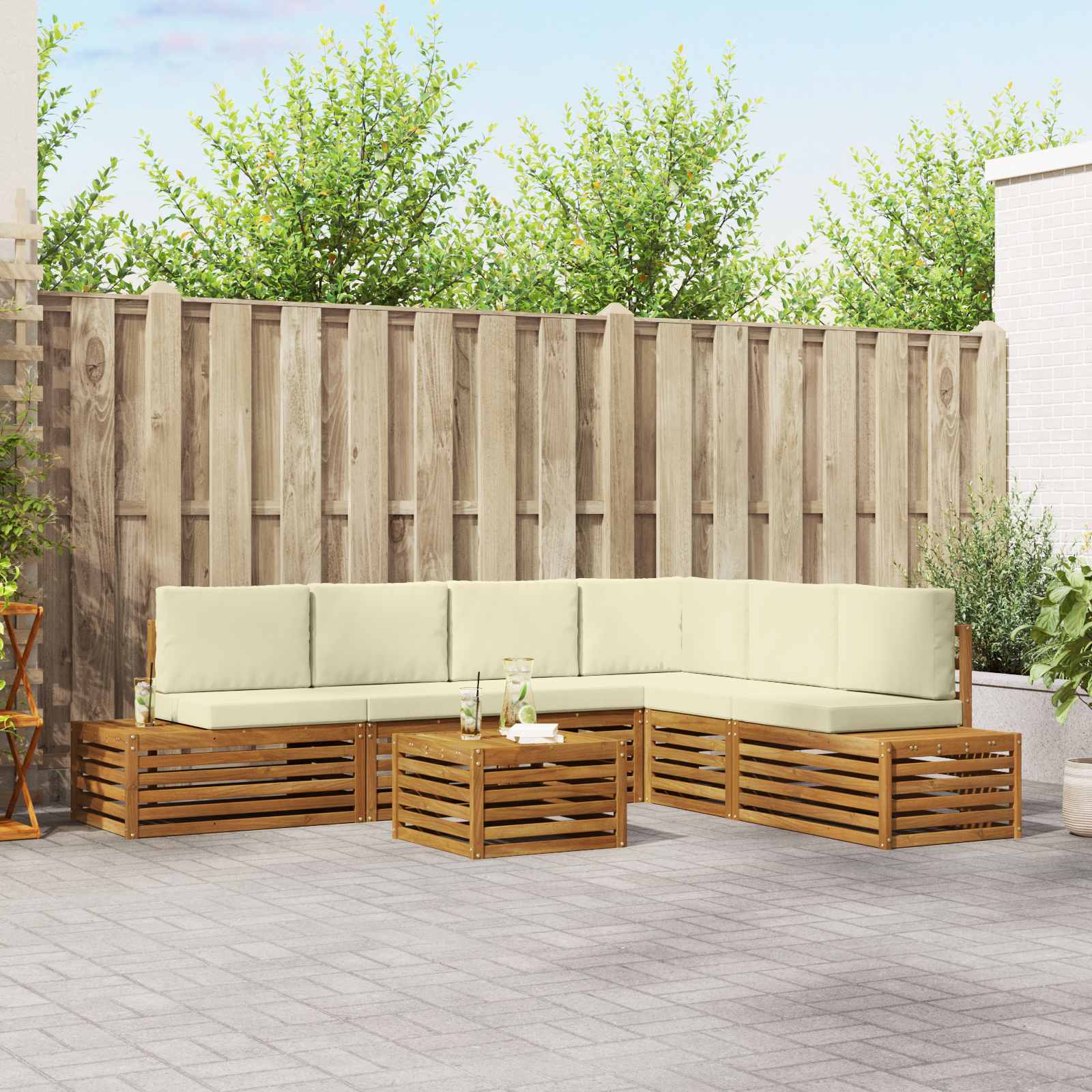 vidaXL Outdoor-Sofagarnitur mit Kissen 7 Stück Natur und Creme