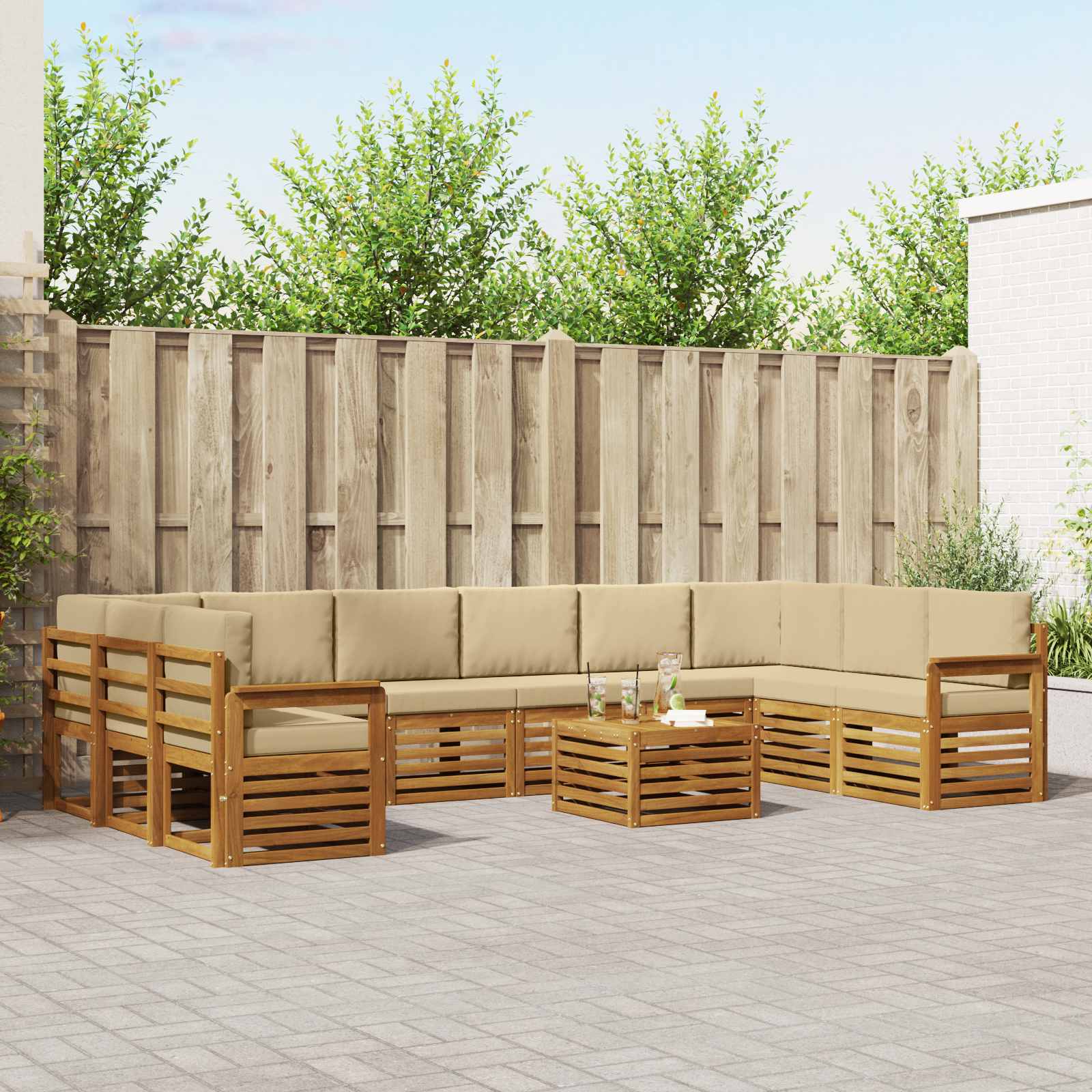 Udendørs sofagruppe 11 stk - naturlig/beige i massivt akacietræ