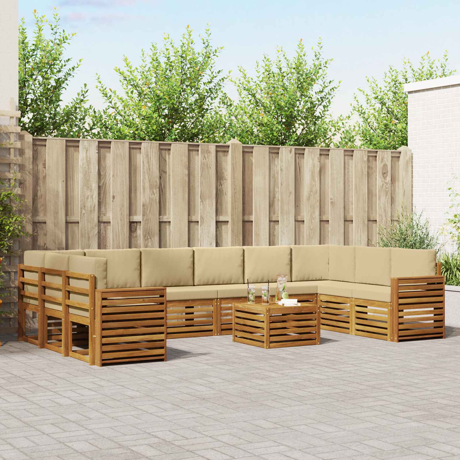 Udendørs sofagruppe i massivt akacietræ - 11 dele, naturlig/beige