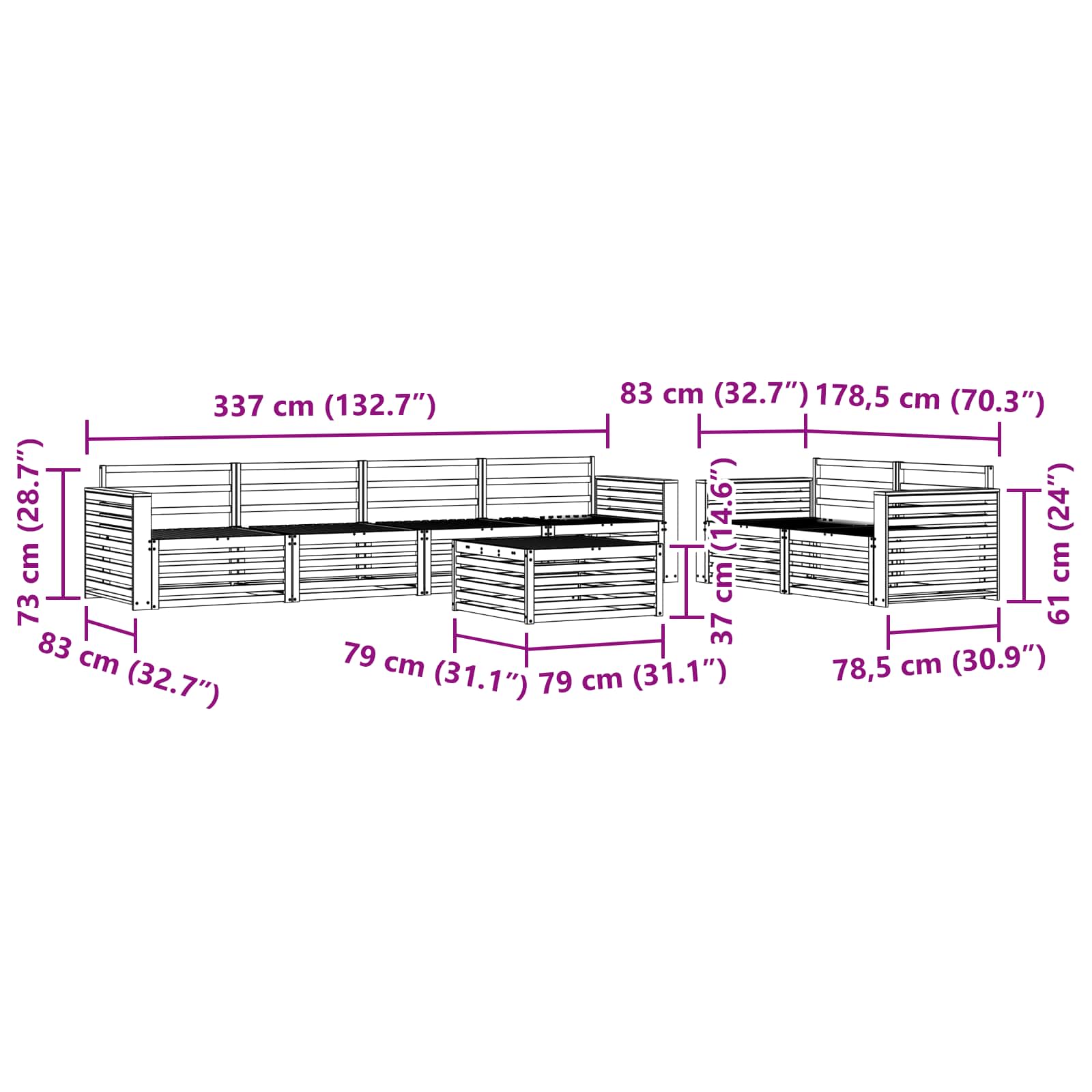 Zunanja garnitura za sedenje 7 pcs Naravna Masiven les akacije - slika 8