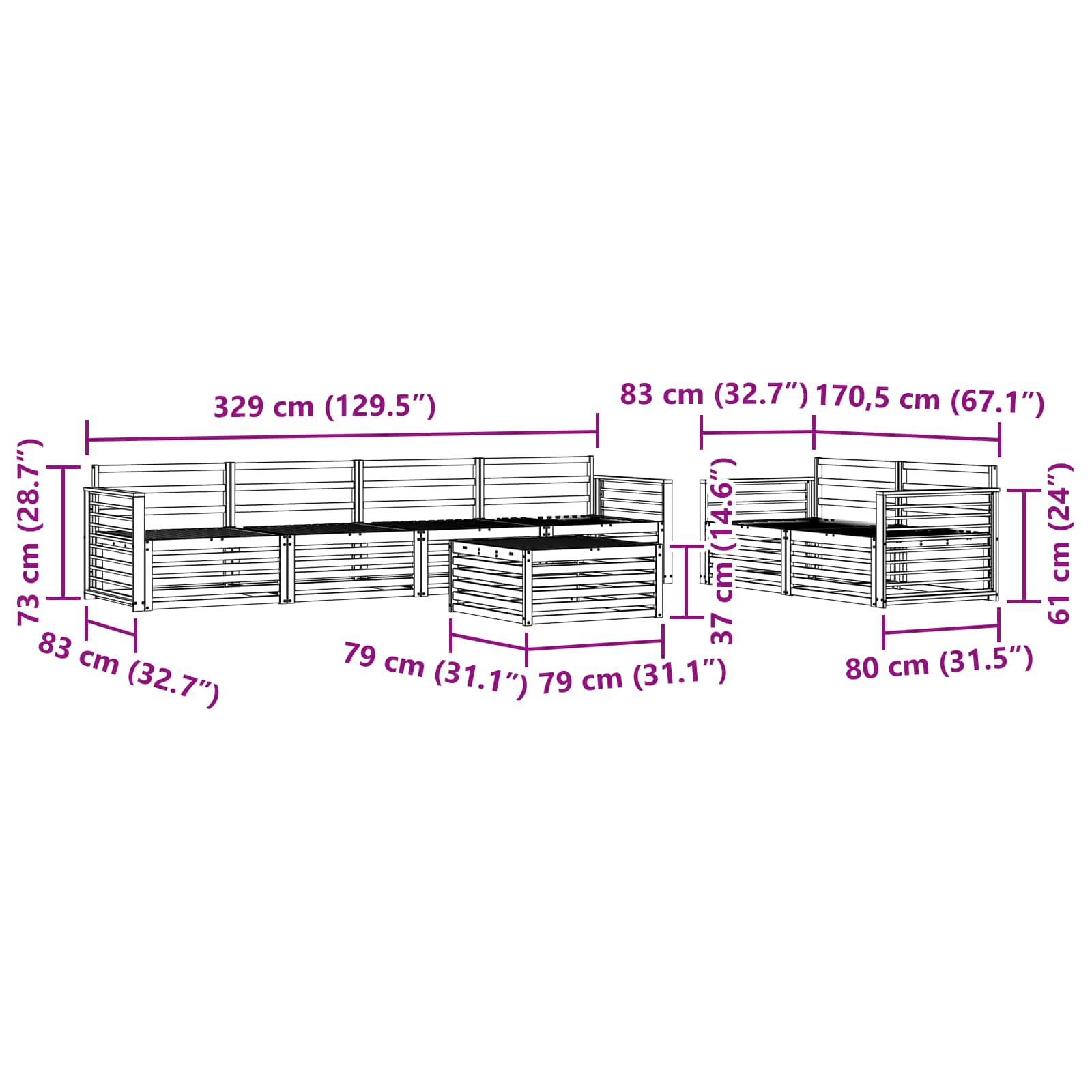 Zunanja garnitura za sedenje 7 pcs Naravna - slika 8