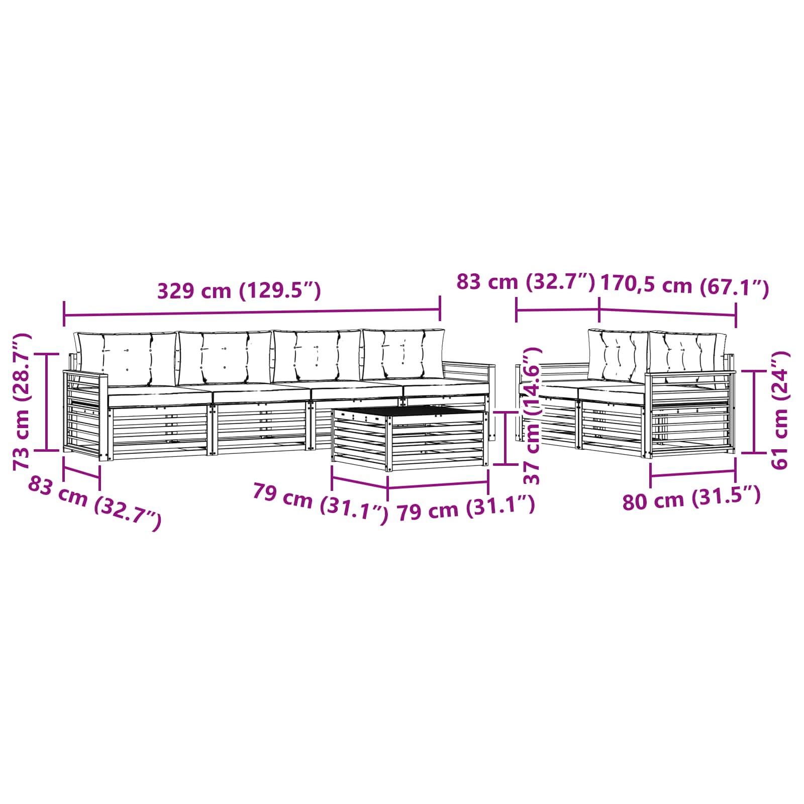 Zunanja garnitura za sedenje 7 pcs Naravna in svetlo siva - slika 7