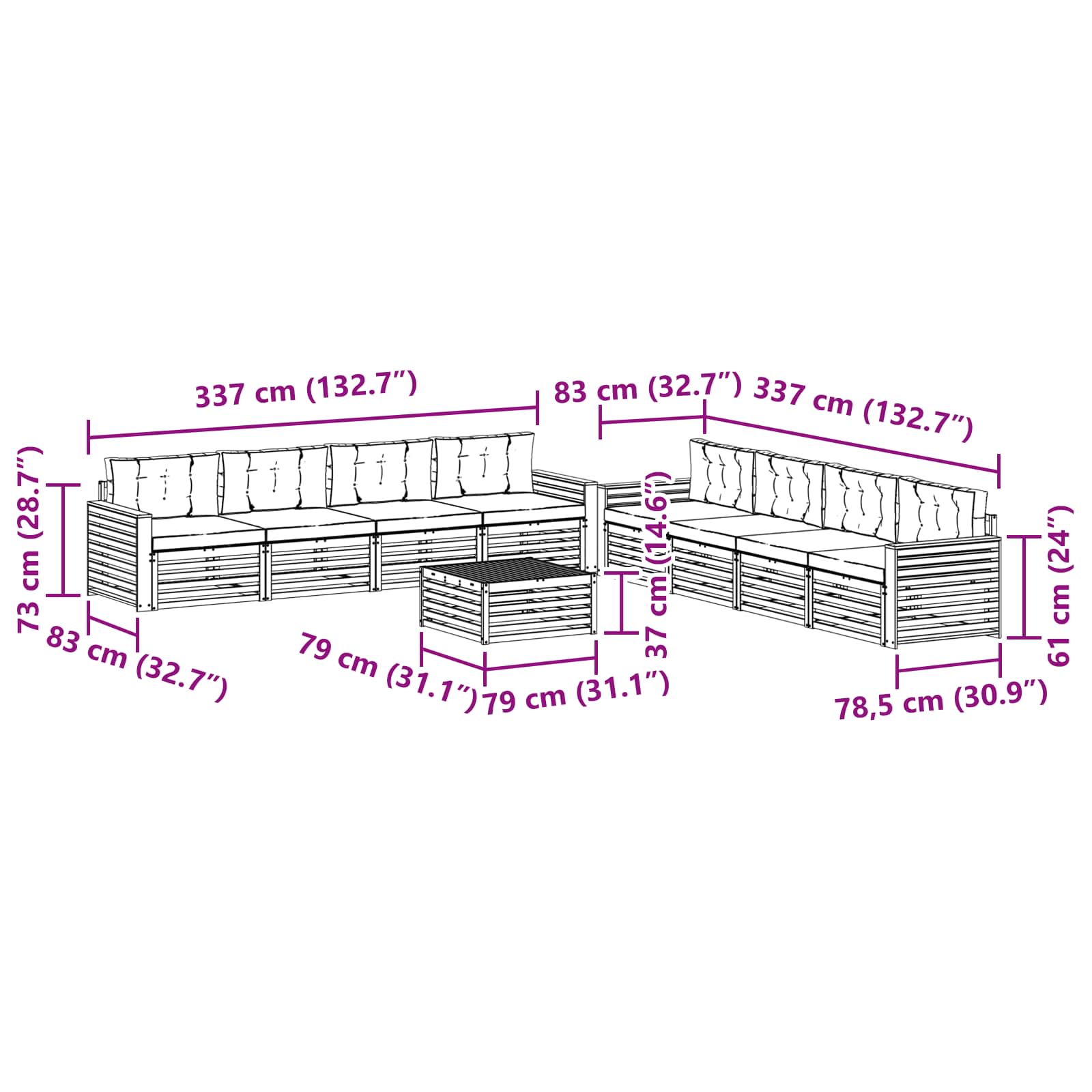 Zunanja garnitura za sedenje 9 pcs Naravna in svetlo siva - slika 7