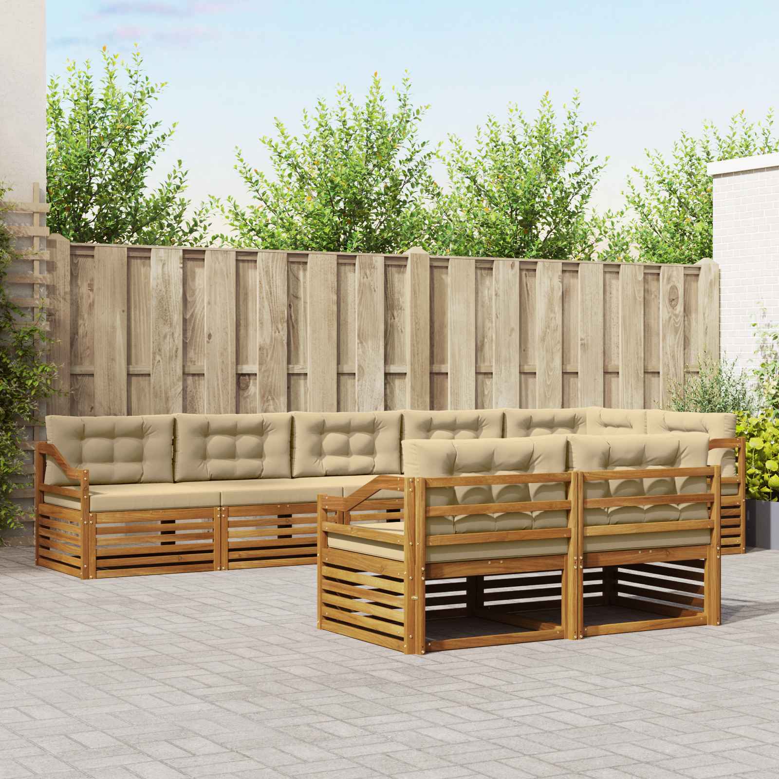 Udendørs modulsofa i akacietræ med puder - 8 dele, naturlig/beige