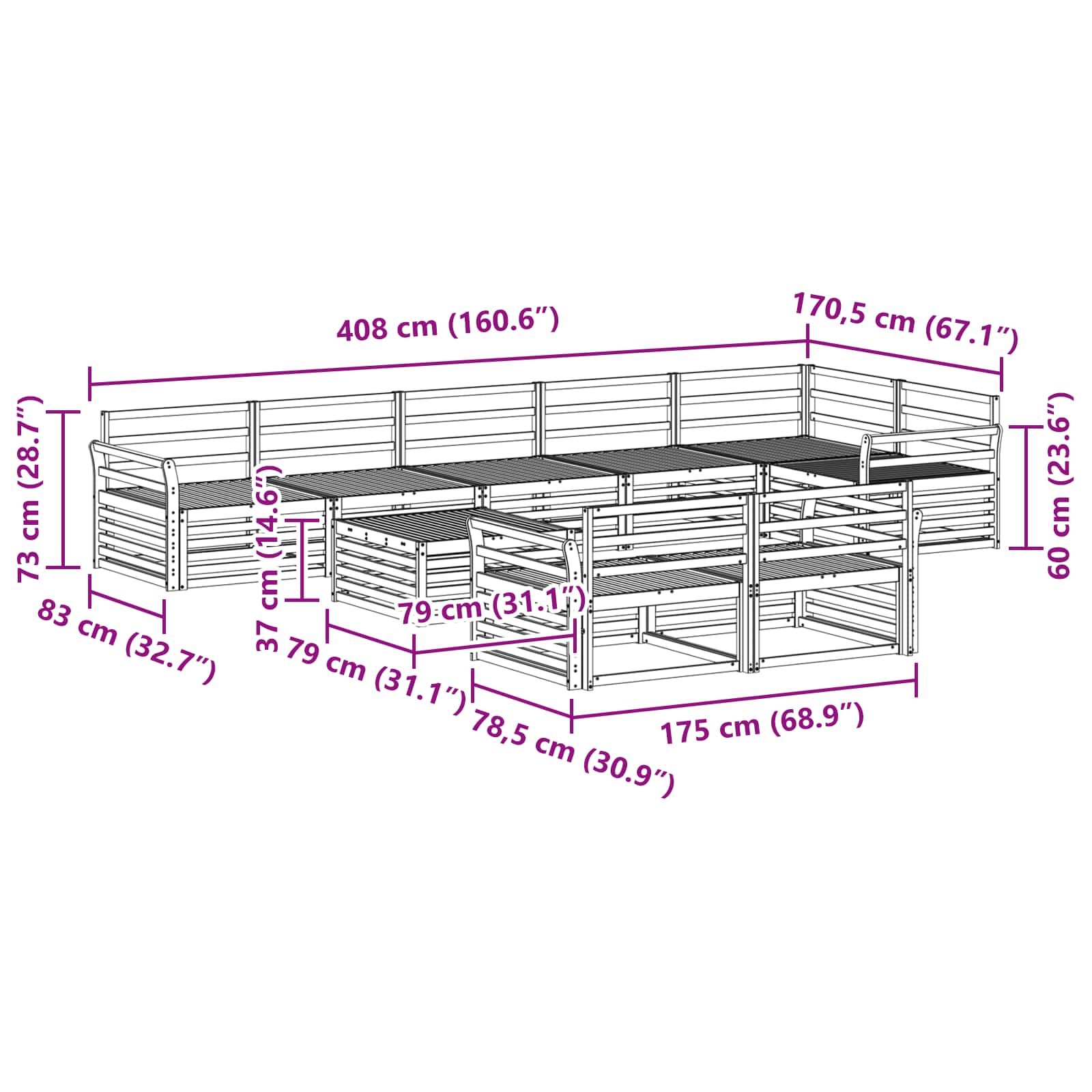 Zunanja garnitura za sedenje 9 pcs Naravna - slika 10