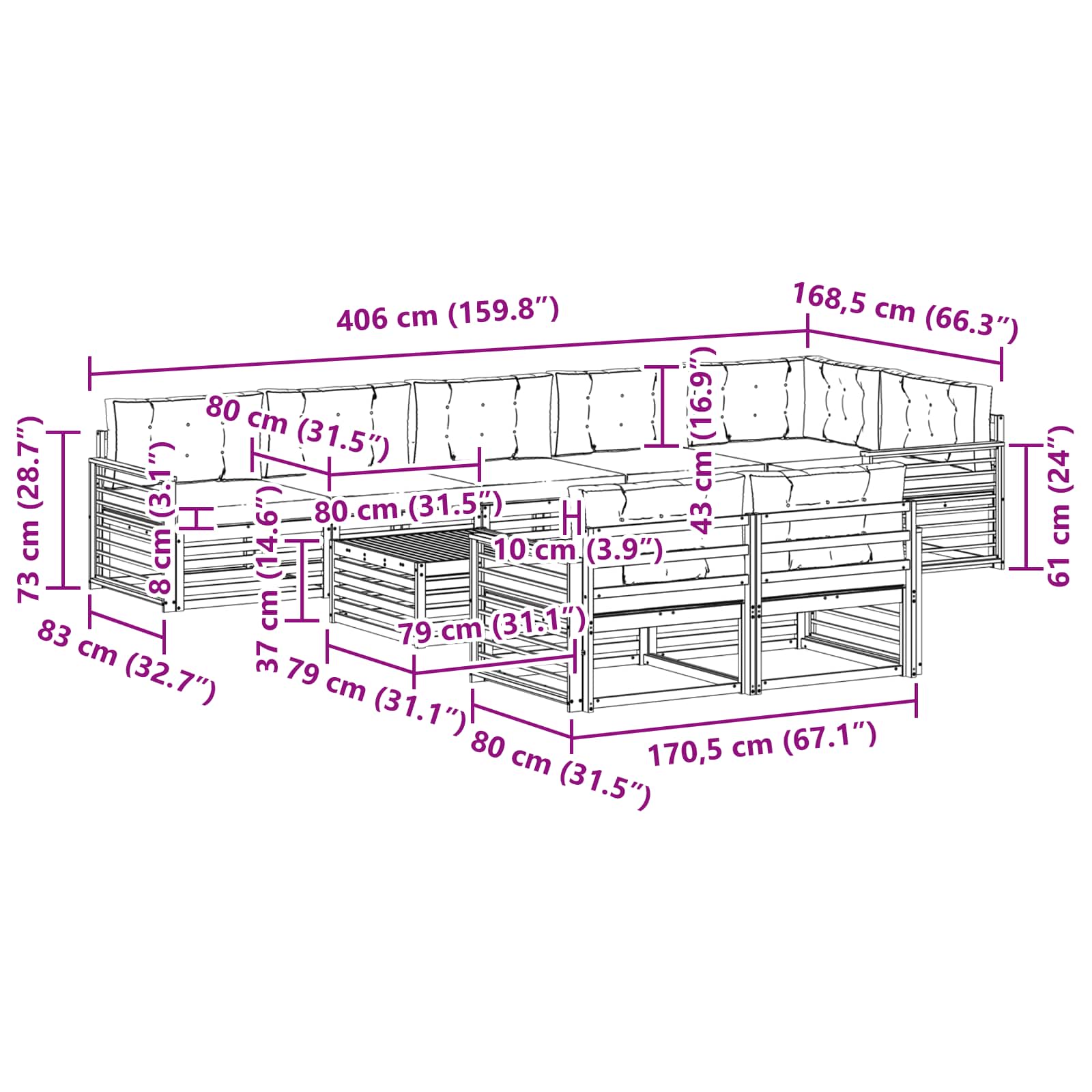 Zunanja garnitura za sedenje 9 pcs Naravna in svetlo siva - slika 9