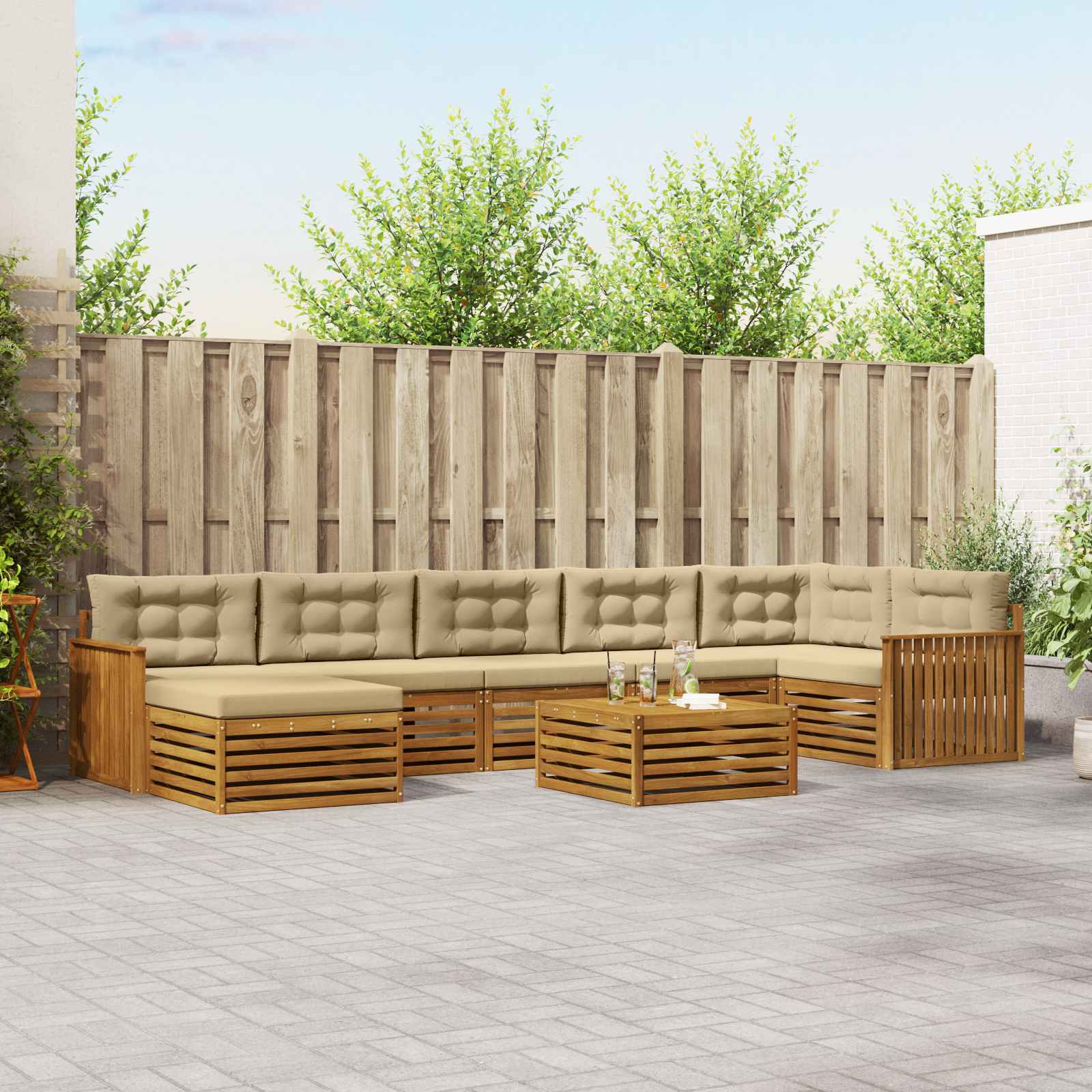 Udendørs sofagruppe i akacietræ med puder - 8 dele, naturlig/beige
