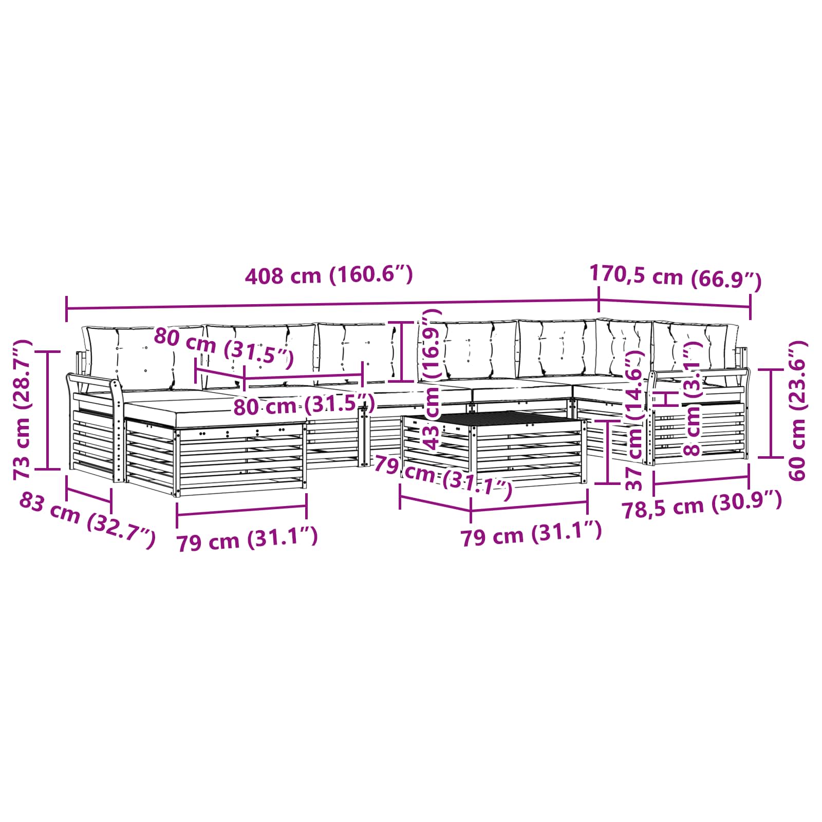 Sofa-Sets 8 pcs Natuurlijk en Lichtgrijs Massief Acaciahout image 10