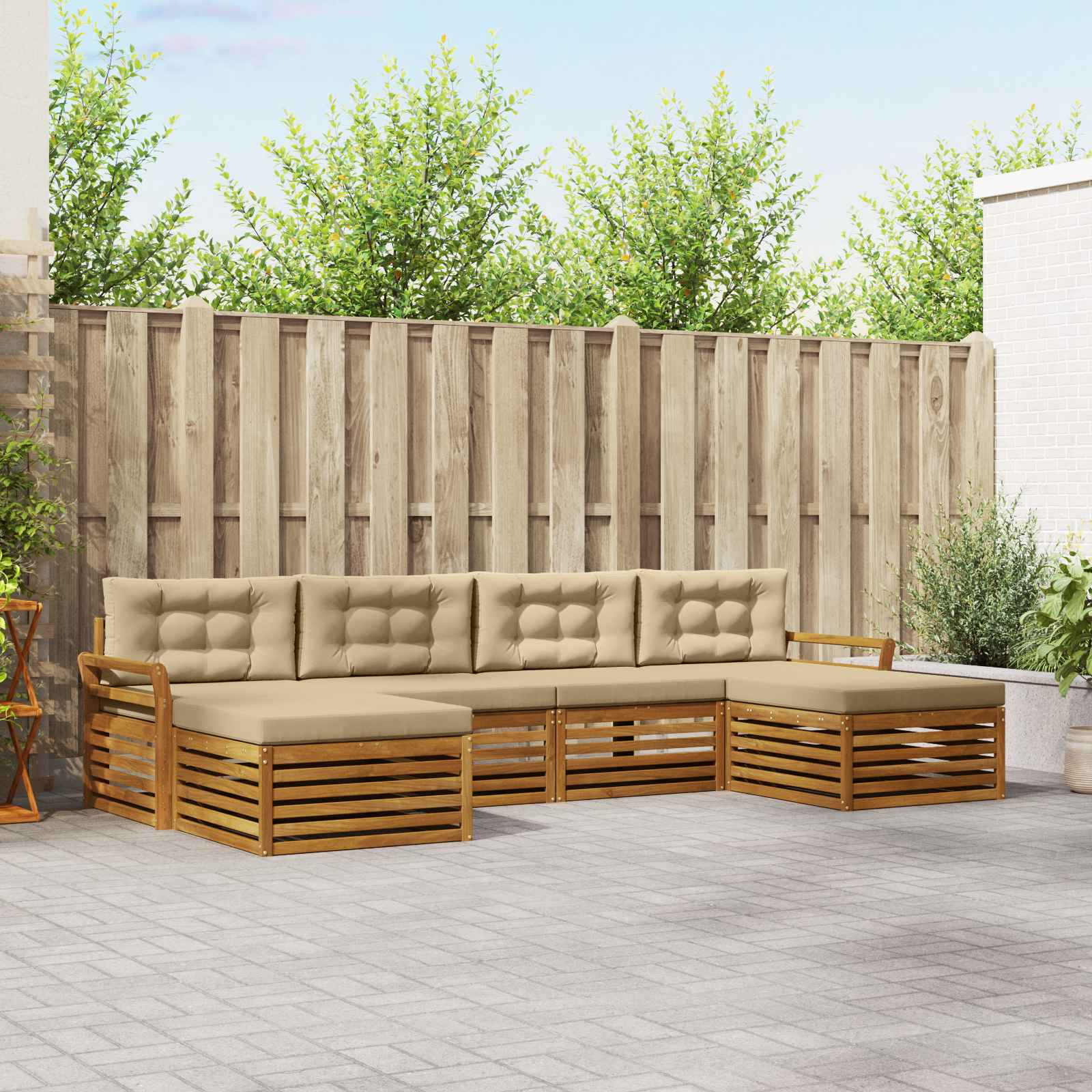 Modulært sofasæt til udendørs - 6 dele i massivt akacietræ, naturlig/beige