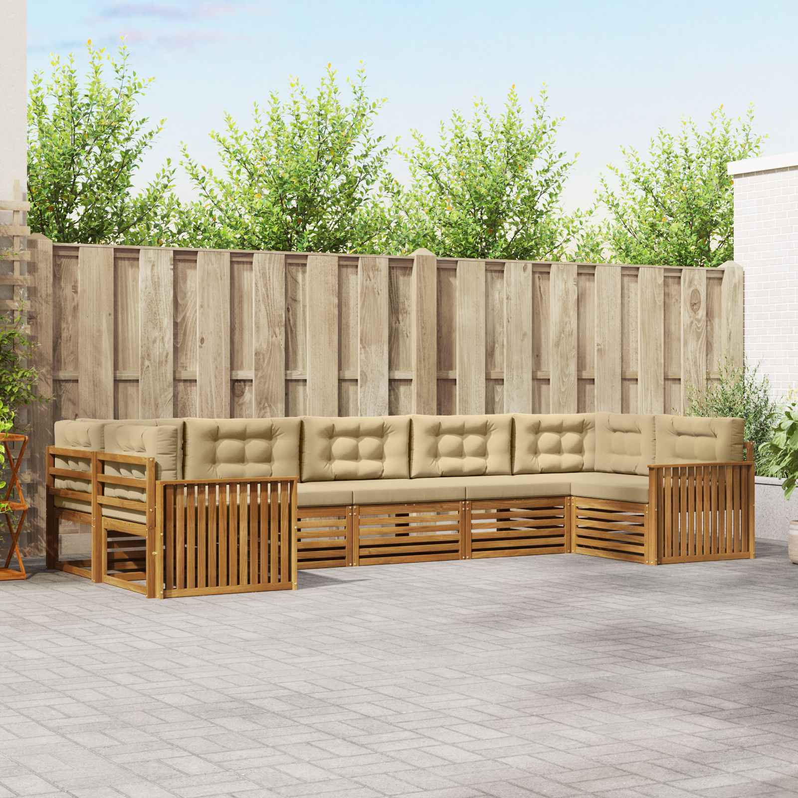 Udendørs modulært sofasæt i akacietræ med puder, 7 dele - naturlig/beige