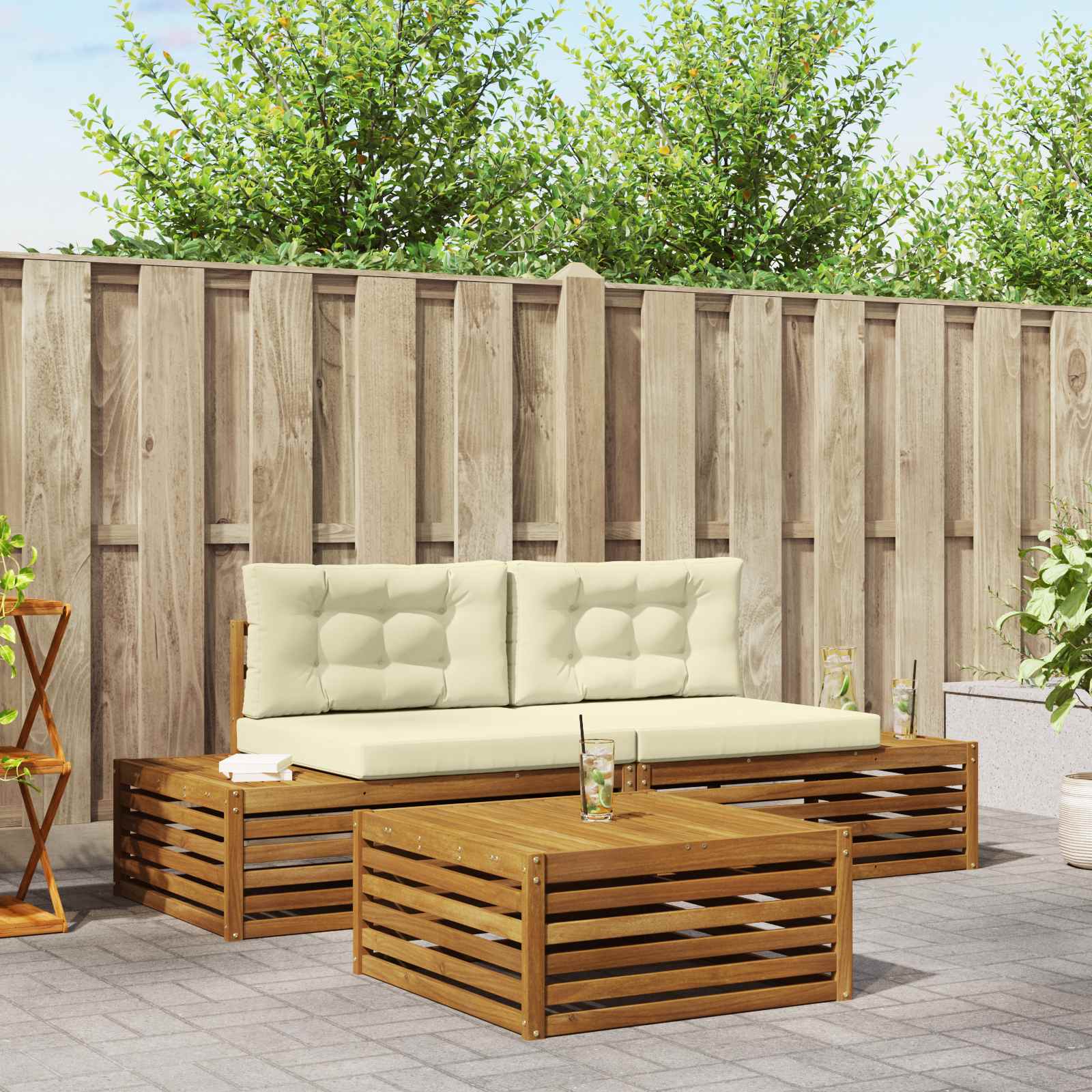 vidaXL Outdoor-Sofagarnitur mit Kissen 3 Stück Natur und Creme