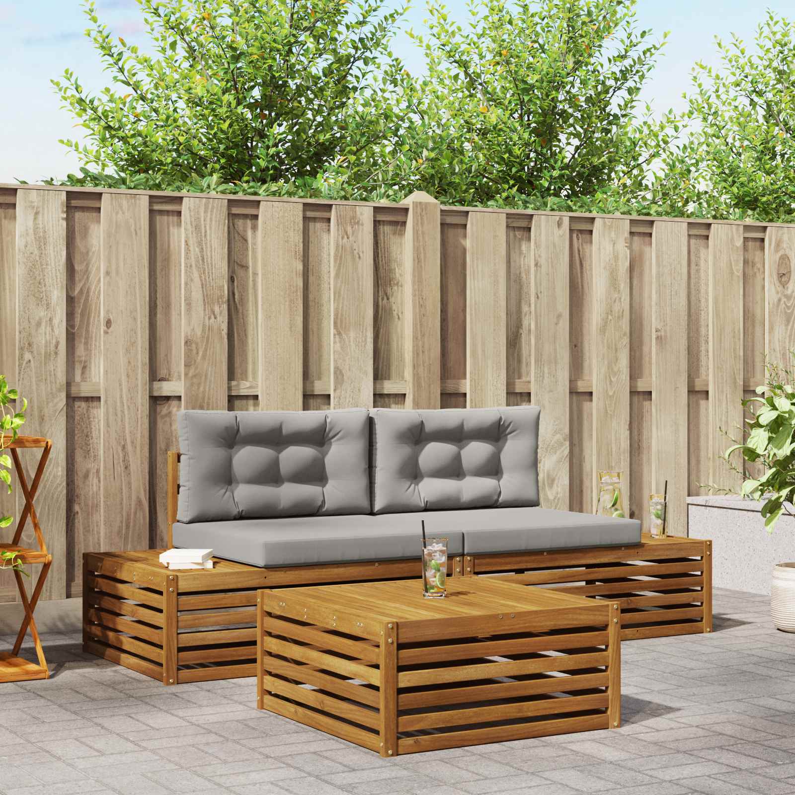 vidaXL Outdoor-Sofagarnitur mit Kissen 3 Stück Natürlich und Hellgrau