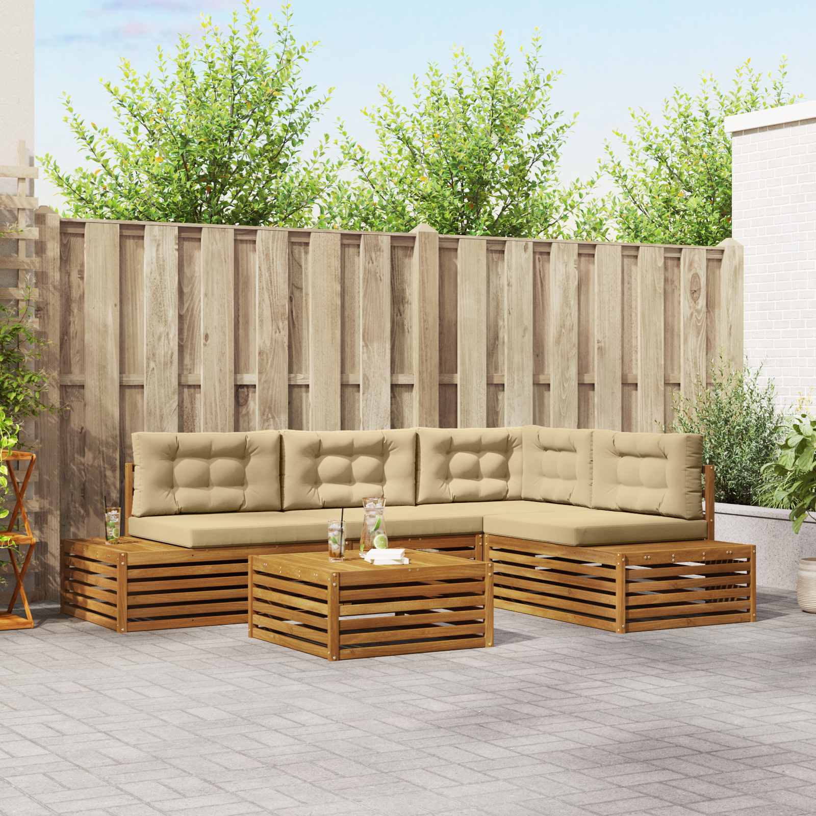 Zunanja garnitura za sedenje z blazino 5 Kos Naravna in bež