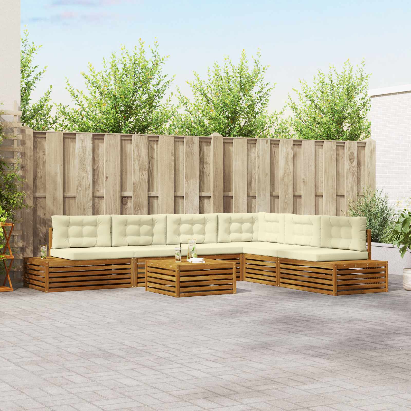 vidaXL Outdoor-Sofagarnitur mit Kissen 7 Stück Natur und Creme