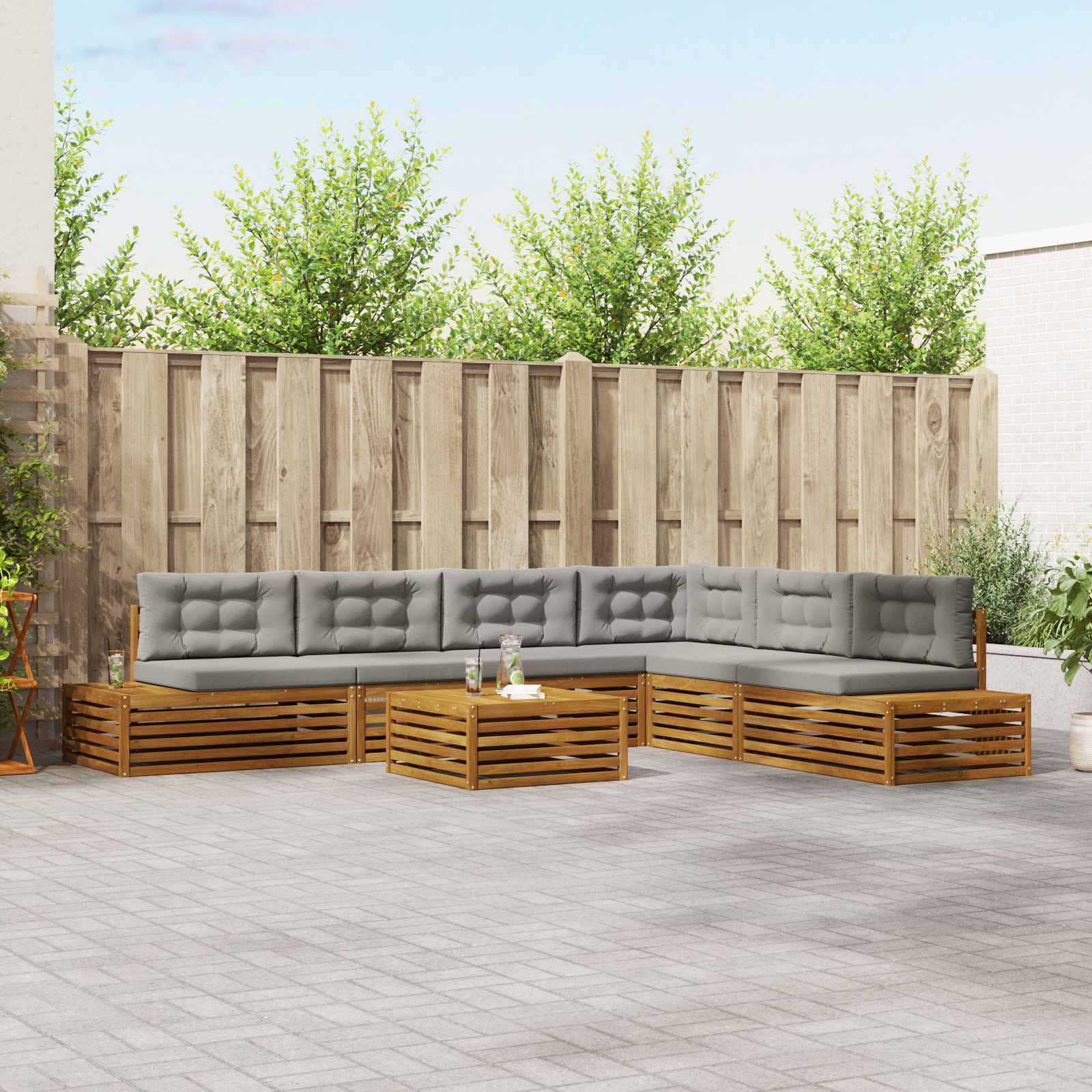 vidaXL Outdoor-Sofagarnitur mit Kissen 7 Stück Natürlich und Hellgrau