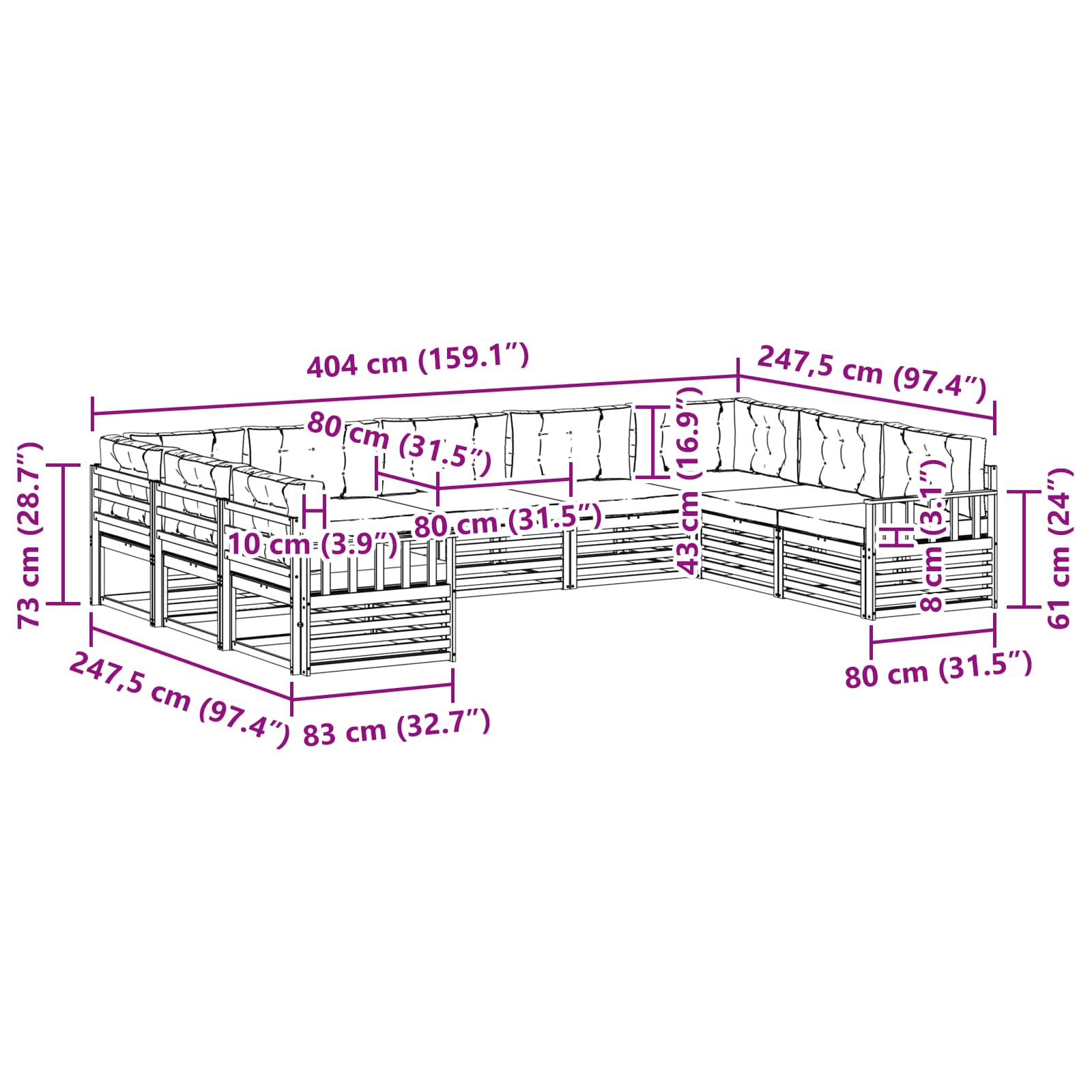 Zunanja garnitura za sedenje z blazino 9 pcs Naravna in bež - slika 7