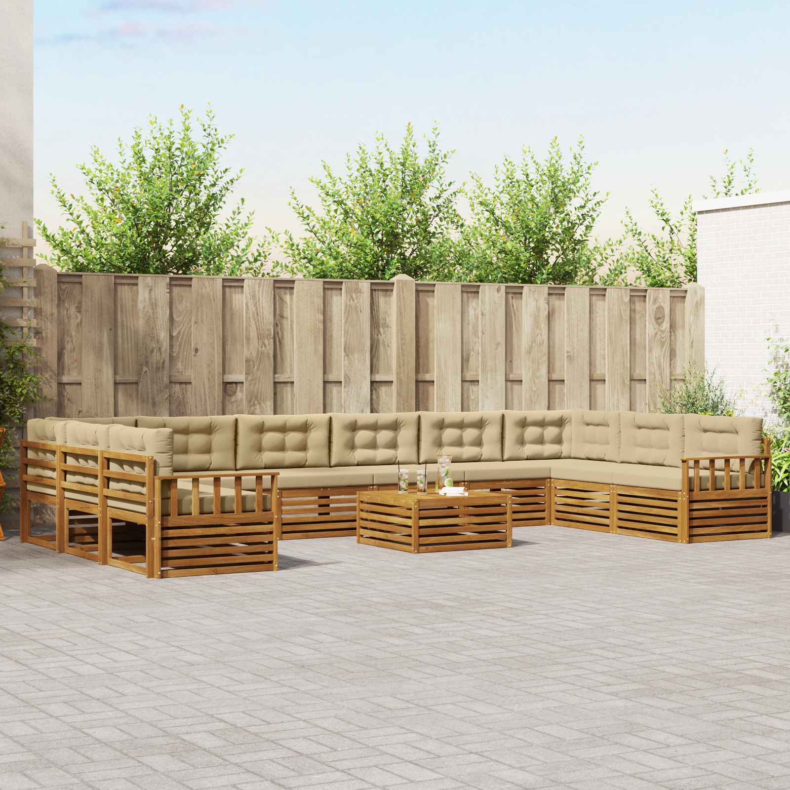 Sofasæt til terrasse med puder, 11 dele - naturlig/beige, massivt akacietræ