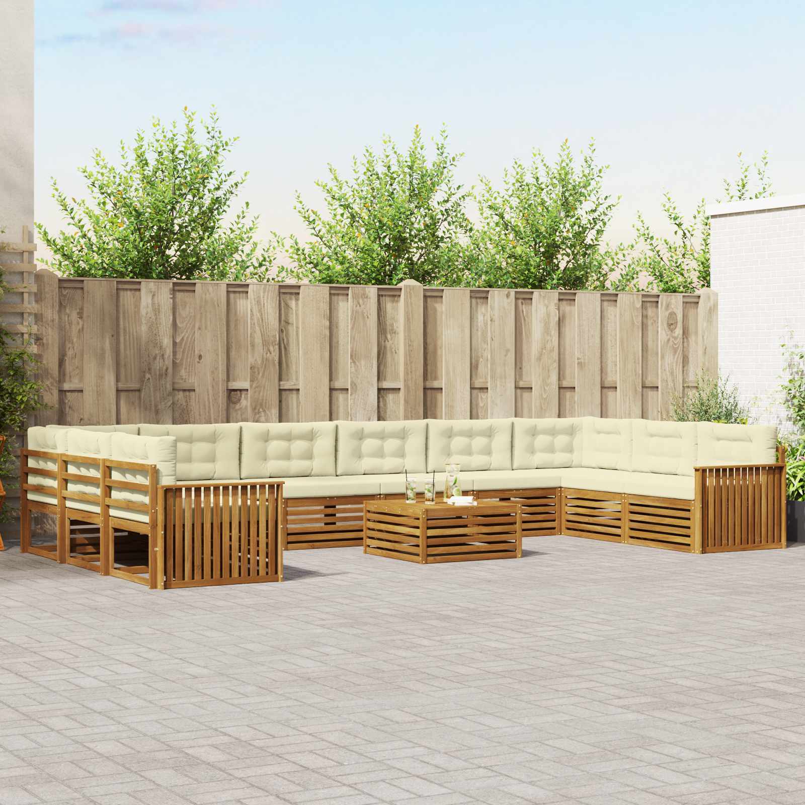 Sofasæt til terrasse med puder, 11 dele - naturlig/fløde, massivt akacietræ